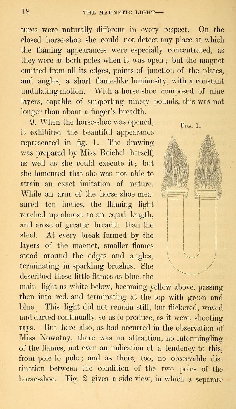 FfG. 1. Jjiv '111; tures were naturally different in every respect. On the closed horse-shoe she could not detect any place at which the flaming appearances were especially concentrated, as they were at both poles when it was open ; but the magnet emitted from all its edges, points of junction of the plates, and angles, a short flame-like luminosity, with a constant undulating motion. With a horse-shoe composed of nine layers, capable of supporting ninety pounds, this was not longer than about a finger's breadth. 9. When the horse-shoe was opened, it exhibited the beautiful appearance represented in fig. 1. The drawing was prepared by Miss Reichel herself, as well as she could execute it; but she lamented that she was not able to attain an exact imitation of nature. While an arm of the horse-shoe mea- sured ten inches, the flaming light reached up almost to an equal length, and arose of greater breadth than the steel. At every break formed by the layers of the magnet, smaller flames stood around the edges and angles, terminating in sparkling brushes. She described these little flames as blue, the main light as white below, becoming yellow above, passing then into red, and terminating at the top with green and blue. This light did not remain still, but flickered, waved and darted continually, so as to produce, as it were, shooting rays. But here also, as had occurred in the observation of Miss Nowotny, there was no attraction, no intermingling of the flames, not even an indication of a tendency to this, from pole to pole ; and as there, too, no observable dis- tinction between the condition of the two poles of the horse-shoe. Fig. 2 gives a side view, in which a separate