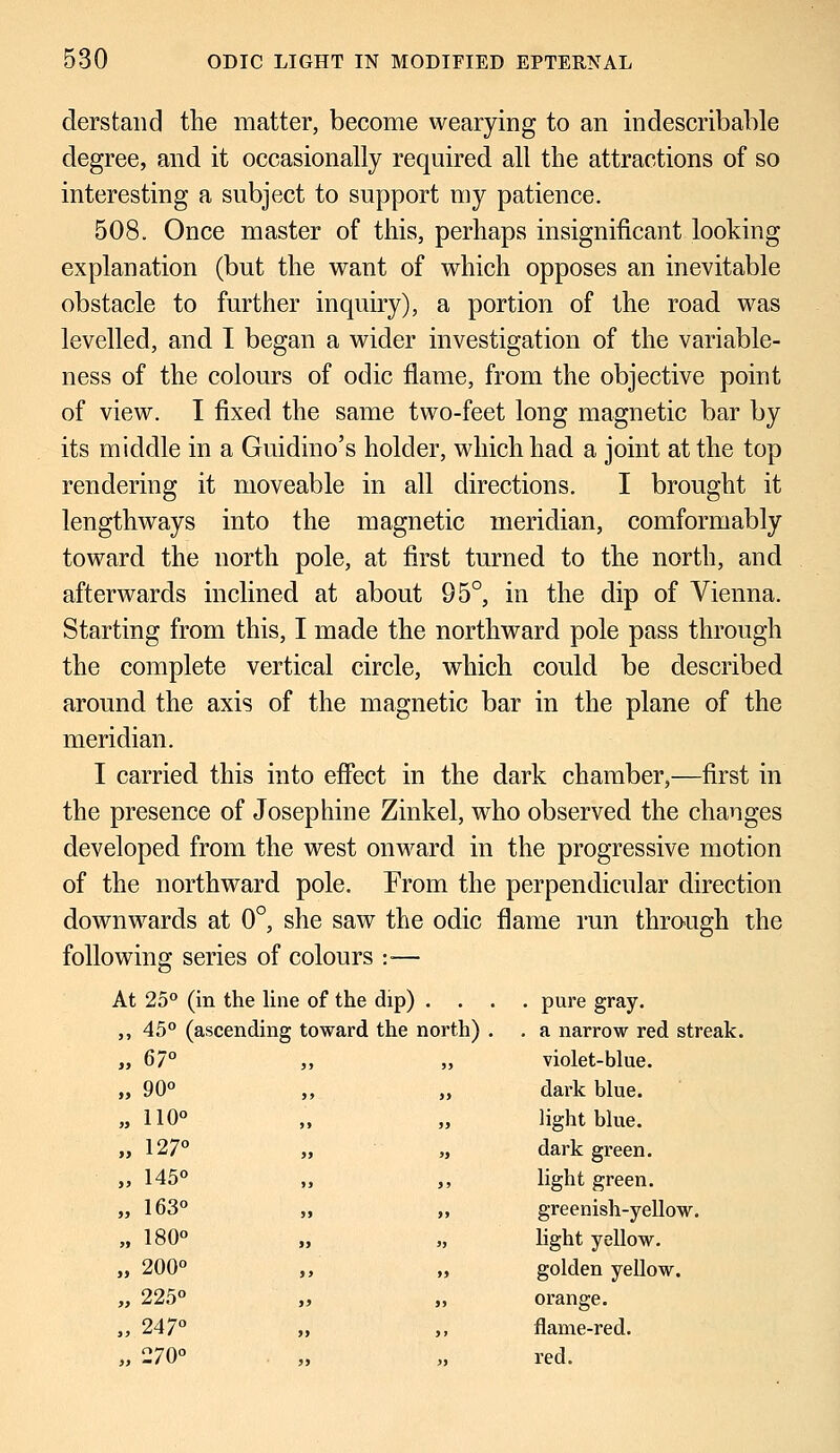 derstand the matter, become wearying to an indescribable degree, and it occasionally required all the attractions of so interesting a subject to support my patience. 508. Once master of this, perhaps insignificant looking explanation (but the want of which opposes an inevitable obstacle to further inquiry), a portion of the road was levelled, and I began a wider investigation of the variable- ness of the colours of odic flame, from the objective point of view. I fixed the same two-feet long magnetic bar by its middle in a Guidino's holder, which had a joint at the top rendering it moveable in all directions. I brought it lengthways into the magnetic meridian, comformably toward the north pole, at first turned to the north, and afterwards inclined at about 95°, in the dip of Vienna. Starting from this, I made the northward pole pass through the complete vertical circle, which could be described around the axis of the magnetic bar in the plane of the meridian. I carried this into effect in the dark chamber,—first in the presence of Josephine Zinkel, who observed the changes developed from the west onward in the progressive motion of the northward pole. From the perpendicular direction downwards at 0°, she saw the odic flame run through the following series of colours :■— At 25° (in the line of the dip) .... pure gray. ,, 45° (ascending toward the north) . . a narrow red streak. „ 67° „ „ violet-blue. „ 90° ,, „ dark blue. ,,110° „ „ light blue. ,, 127° „ „ dark green. „ 145° „ ,, light green. „ 163° „ „ greenish-yellow. „ 180° „ „ light yellow. „ 200° ,, „ golden yellow. „ 225° „ „ orange. ,,247° „ „ flame-red. „ 270° „ „ red.