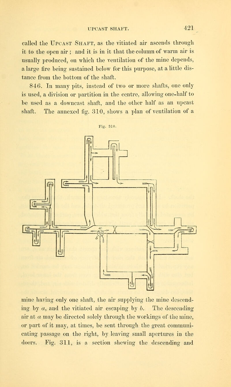 called the Upcast Shaft, as the vitiated air ascends through it to the open air ; and it is in it that the column of warm air is usually produced, on which the ventilation of the mine depends, a large fire being sustained below for this purpose, at a little dis- tance from the bottom of the shaft. 846. In many pits, instead of two or more shafts, one only is used, a division or partition in the centre, allowing one-half to be used as a downcast shaft, and the other half as an upcast shaft. The annexed fig. 310, shows a plan of ventilation of a mine having only one shaft, the air supplying the mine descend- ing by a, and the vitiated air escaping by b. The descending air at a may be directed solely through the workings of the mine, or part of it may, at times, be sent through the great communi- cating passage on the right, by leaving small apertures in the doors. Fig. 311, is a section shewing the descending and