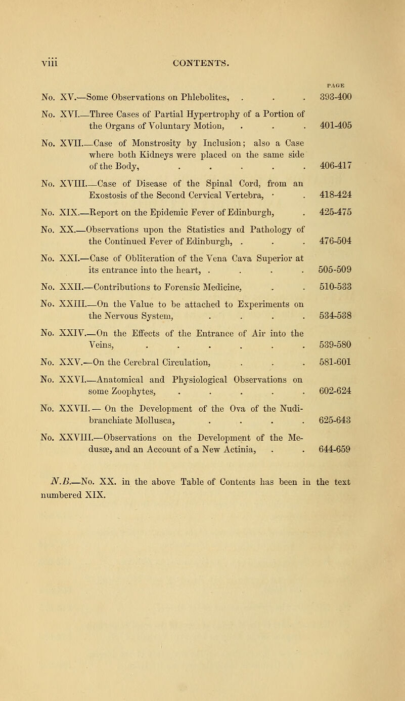 PAGE No. XV.—Some Observations on Phlebolites, . . . 393-400 No. XVI Three Cases of Partial Hypertrophy of a Portion of the Organs of Voluntary Motion, . . . 401-405 No. XVII Case of Monstrosity by Inclusion; also a Case where both Kidneys were placed on the same side of the Body, 406-417 No. XVUI Case of Disease of the Spinal Cord, from an Exostosis of the Second Cervical Vertebra, • . 418-424 No. XIX.—Report on the Epidemic Fever of Edinburgh, . 425-475 No. XX Observations upon the Statistics and Pathology of the Continued Fever of Edinburgh, . . . 476-504 No. XXI.—Case of Obliteration of the Vena Cava Superior at its entrance into the heart, .... 505-509 No. XXII.—Contributions to Forensic Medicine, . . 510-533 No. XXIII—On the Value to be attached to Experiments on the Nervous System, .... 534-538 No. XXIV.—On the Effects of the Entrance of Air into the Veins, 539-580 No. XXV—On the Cerebral Circulation, . . . 581-601 No. XXVI.—Anatomical and Physiological Observations on some Zoophytes, ..... 602-624 No. XXVII. — On the Development of the Ova of the Nudi- branchiate Mollusca, .... 625-643 No. XXVIII.—Observations on the Development of the Me- dusas, and an Account of a New Actinia, . . 644-659 N.B—No. XX. in the above Table of Contents has been in the text numbered XIX.