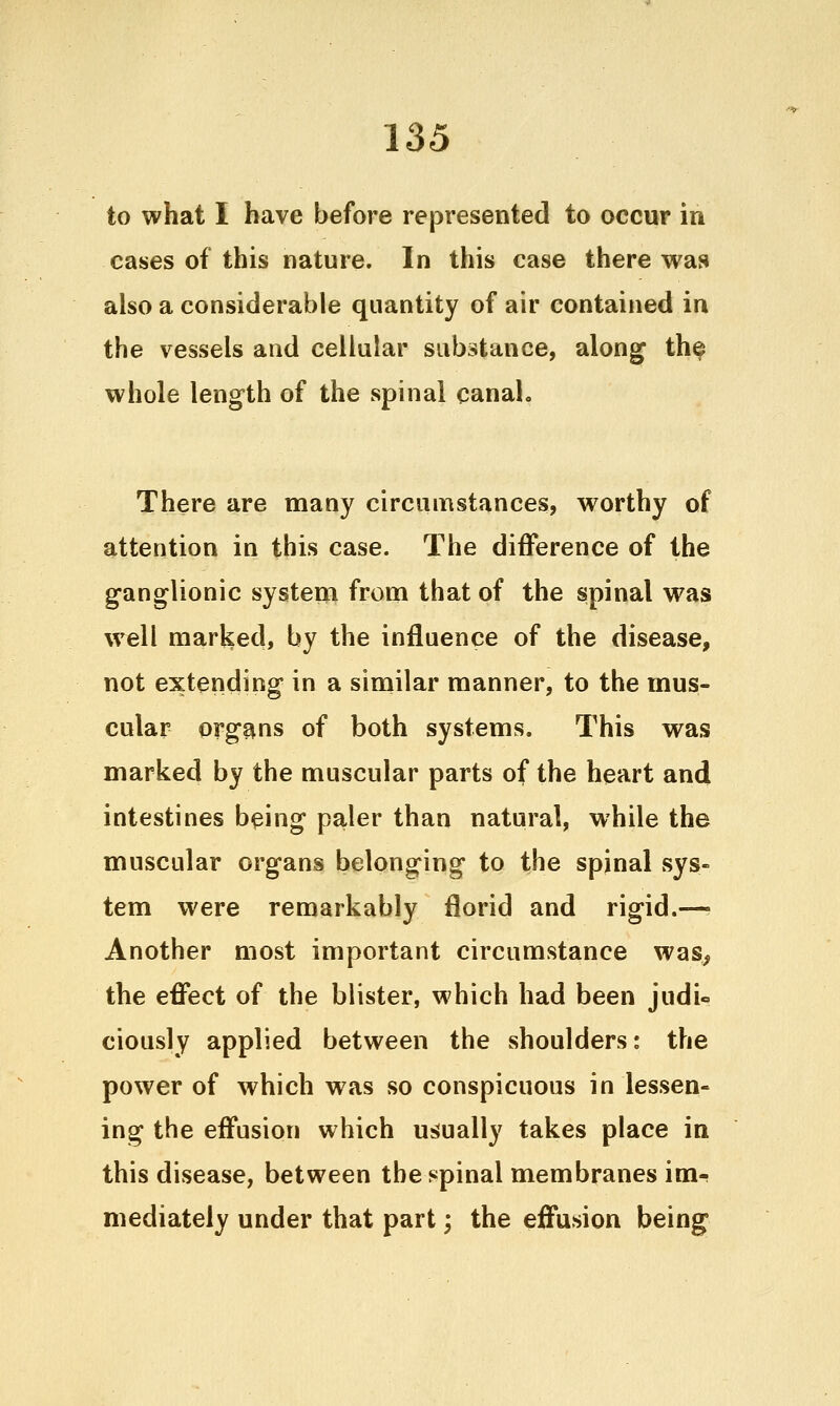 to what I have before represented to occur in cases of this nature. In this case there was also a considerable quantity of air contained in the vessels and cellular substance, along th^ whole length of the spinal canal. There are many circumstances, worthy of attention in this case. The difference of the ganglionic system from that of the spinal was well marked, by the influence of the disease, not extending in a similar manner, to the mus- cular organs of both systems. This was marked by the muscular parts of the heart and intestines b^ing paler than natural, while the muscular organs belonging to the spinal sys- tem were remarkably florid and rigid.—■ Another most important circumstance was, the effect of the blister, which had been judi ciously applied between the shoulders: the power of which was so conspicuous in lessen- ing the effusion which usually takes place in this disease, between the spinal membranes im- mediately under that part; the effusion being