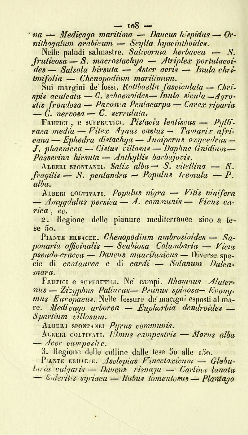 * na — Bledicago maritima — Daucus hispìdus — Or- nilhogalum arabicum — Scylla hyacinlhoides. Nelle paludi salmastre. Salicornia herbocea — S, fruticosa — S. maerosiachya — Airiplex poriulacoi- des — Salsola hirsvia — Jster acris — mula chri- imijolia — Chenopodiiim marilimum. Sui margini de' fossi. RoUboella J'asciculafa — Chrì- spis aculeata — G. schoenoides— ìnula sìcula ^/igro- stis frondosa — Paconia Penlacarpa — Carex riparia — C. nervosa — C. serridala. Frutici , e suffrutici. Pislacia lentiseus — Pijlli- raea media — Vitex A/jnus ca'slus —i Twnarix afri- cana — Ephedra distachya — Juniperus oxycedrus— J. phaenicea — Cistus villosus — Daphne Gnidium— Passerina hirsuta — Anihyllis barbajoois. Alberi spontanei. Salix alba ^ S. vitellina — S. fragilis — S. penlandra '— Populus tremula — P. alba. Alberi coltivati. Populus nigra — Fitis vinifera — Amygdalus persica — A. communis — Ficus ca- rica , ee. 2. Regione delle pianure mediterranee sino a te- se .5o. Piante erbacee. Chenopodium ambrosioides — Sa- potiaria officinalis — Scabiosa Columbaria — Ficia pseudoeraeca — Daucus maurilanicus — Diverse spe- cie di centauree e di cardi — Solarium Dulca^ mara. Frutici e suffrutici. Ne' campi. Rhamnus Alater- nus — Zizyphus Paliurus— Prunus spinosa—> Evonij- mus Europaeus. Nelle fessure de'macigni esposti al ma- re. Medicago arborea — Euphorbia dendroides — Spartium villosum. àlberi spontanei Pyrus communis. Alberi coltivati. Ulmus campestris — Blorus alba — Acer campeslì e. 3. Regione delle colline dalle tese 5o alle i5o. Piante erbacce. Asclepias yincetoxicum — Globu- laria imhjaris — Daucus visnaga — Carlina lanata — S^kleritis syriaca — lìubus tomentoms — Piantalo
