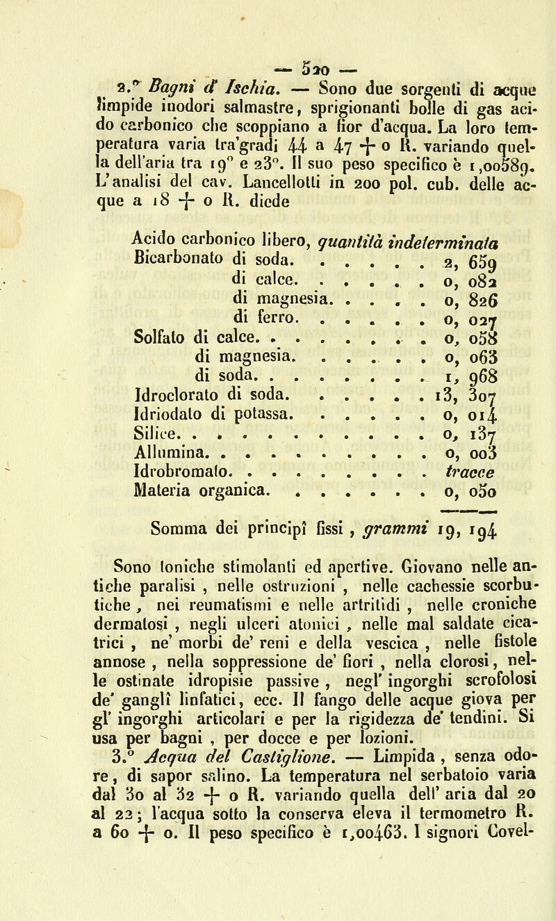 a.**^ Bagni d Ischia. — Sono due sorgenti di acque Jirapide inodori salmastre, sprigionanti bolle di gas aci- do carbonico che scoppiano a fior d'acqua. La loro tem- pol. que a 18 -{- o U. diede Acido carbonico libero, quaniiià indeierminaia Bicarbonato di soda 2, 659 di calce .0, 082 di magnesia. . . , . o, 826 di ferro. ..... o, 027 Solfato di calce. .0, o58 di magnesia. .... * o, o63 di soda I, 968 Idroclorato di soda i3, Boy Idriodalo di potassa o, 014. Silice. . è o, 187 Allumina. ......... o, oo3 Idrobromalo tracce Materia organica o, o5o Somma dei principi Gssi , grammi 19, ig4 Sono Ioniche stimolanti ed apertive. Giovano nelle an- tiche paralisi , nelle ostruzioni , nelle cachessie scorbu- tiche , nei reumatismi e nelle artritidi , nelle croniche dermatosi , negli ulceri atonici , nelle mal saldate cica- trici , ne' morbi de' reni e della vescica , nelle fistole annose , nella soppressione de' fiori , nella clorosi, nel- le ostinate idropisie passive, negl' ingorghi scrofolosi de* gangli linfatici, ecc. Il fango delle acque giova per gì' ingorghi articolari e per la rigidezza de' tendini. Si usa per bagni , per docce e per lozioni. 3. Acqua del Castiglione. — Limpida , senza odo- re , di sapor salino. La temperatura nel serbatoio varia dal 3o al 32 -[- o R. variando quella dell' aria dal 20 al 23 ; l'acqua sotto la conserva eleva il termometro R. a 60 -[- o. Il peso specifico è i,oo463. 1 signori Covel-
