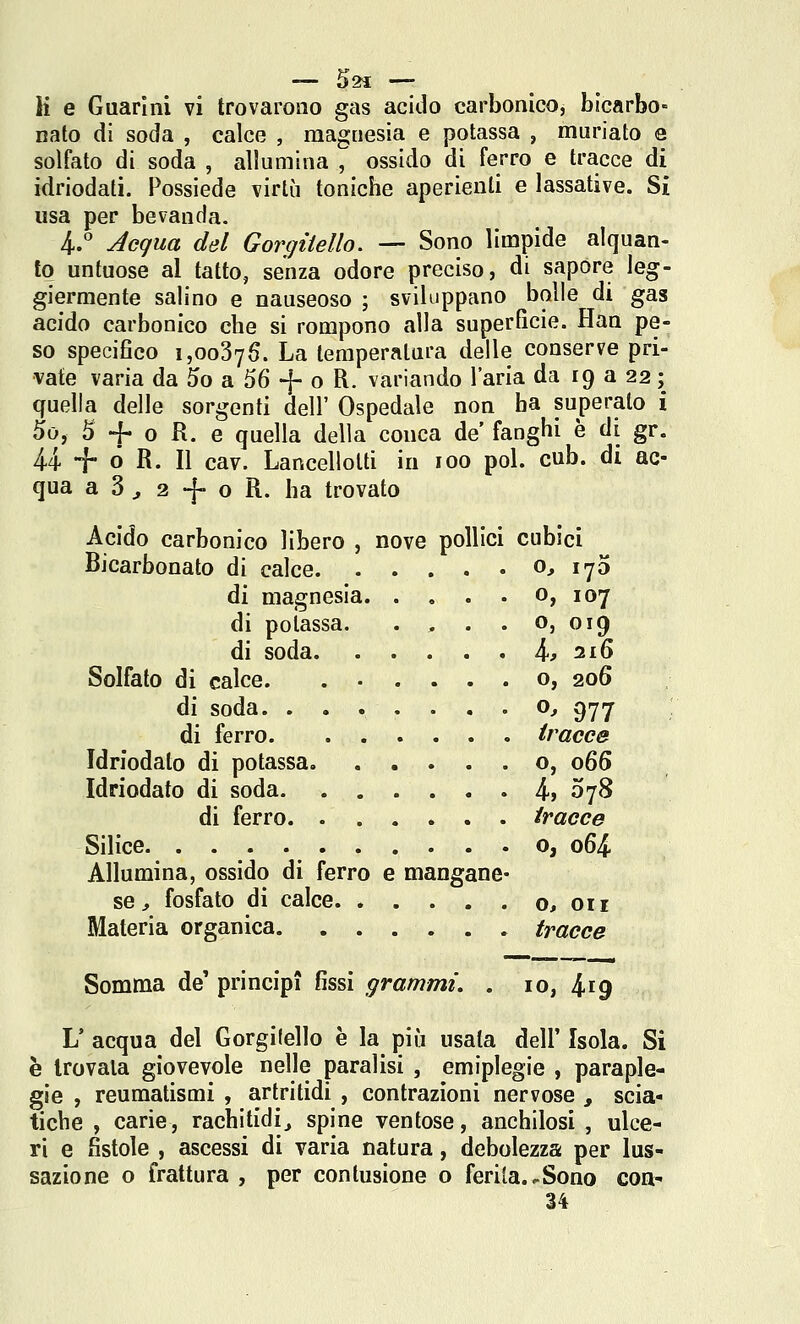 li e Guarìni vi trovarono gas acido carbonico, bicarbo- nato di soda , calce , magnesia e potassa , muriato e solfato di soda , allumina , ossido di ferro e tracce di idriodati. Possiede virtù toniche aperienti e lassative. Si usa per bevanda. 4.° Acqua del Gorgiiello. — Sono limpide alquan- to untuose al tatto, senza odore preciso, di sapore leg- giermente salino e nauseoso ; sviluppano bolle di gas acido carbonico che si rompono alla superfìcie. Han pe- so specifico 1,00376. La temperatura delle conserve pri- vate varia da 5o a 56 -|- o R. variando l'aria da 19 a 22 ; quella delle sorgenti dell' Ospedale non ha superalo i 5o, 5 -f 0 R. e quella della conca de fanghi è di gr. 44 -f* ó R. Il eav. Lancellolti in 100 poi. cub. di ac- qua a 3 ^ 2 -[- o R. ha trovato Acido carbonico libero , nove pollici cubici Bicarbonato di calce 0^ lyo di magnesia o, 107 di potassa. . , . . o, 019 di soda .4^ 2i6 Solfato di calce. o, 206 di soda o^ 977 di ferro. . . . . . . tracce Idriodato di potassa o, 066 Idriodato di soda 4» 078 di ferro tracce Silice o, 064 Allumina, ossido di ferro e mangane- se ;, fosfato di calce o, ori Materia organica. . . . . . . tracce Somma de' principi fissi grammi. . io, 419 L' acqua del Gorgilello è la più usata dell' Isola. Si è trovala giovevole nelle paralisi , emiplegie , paraple- gie , reumatismi , arlritidi , contrazioni nervose , scia- tiche , carie, rachitidi^ spine ventose, anchilosi , ulce- ri e fistole , ascessi di varia natura, debolezza per lus- sazione o frattura , per contusione o ferita..Sono coq- 34