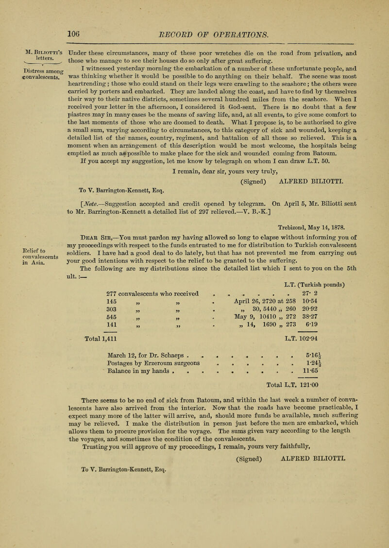 M. BlLIOTTl's letters. t  Distress among convalescents. Under these circumstances, many of these poor wretches die on the road from privation, and those who manage to see their houses do so only after great suffering. I witnessed yesterday morning the embarkation of a number of these unfortunate people, and was thinking whether it would be possible to do anything on their behalf. The scene was most heartrending; those who could stand on their legs were crawling to the seashore; the others were carried by porters and embarked. They are landed along the coast, and have to find by themselves their way to their native districts, sometimes several hundred miles from the seashore. When I received your letter in the afternoon, I considered it God-sent. There is no doubt that a few piastres may in many cases be the means of saving life, and, at all events, to give some comfort to the last moments of those who are doomed to death. What I propose is, to be authorised to give a small sum, varying according to circumstances, to this category of sick and wounded, keeping a detailed list of the names, country, regiment, and battalion of all those so relieved. This is a moment when an arrangement of this description would be most welcome, the hospitals being emptied as much asj possible to make place for the sick and wounded coming from Batoum. If you accept my suggestion, let me know by telegraph on whom I can draw L.T. 50. I remain, dear sir, yours very truly, (Signed) ALFEED BILIOTTI. To V. Barrington-Kennett, Esq. [Note.—Suggestion accepted and credit opened by telegram. On April 5, Mr. Biliotti sent to Mr. Barrington-Kennett a detailed list of 297 relieved.—V. B.-K.] Belief to convalescents in Asia. Trebizond, May 14,1878. Dear Sie,—You must pardon my having allowed so long to elapse without informing you of my proceedings with respect to the funds entrusted to me for distribution to Turkish convalescent soldiers. I have had a good deal to do lately, but that has not prevented me from carrying out your good intentions with respect to the relief to be granted to the suffering. The following are my distributions since the detailed list which I sent to you on the 5th ult. :— L.T. (Turkish pounds) 277 convalescents who received 145 303 545 „ „ 141 April 26, 2720 at 258 „ 30, 5440 „ 260 May 9, 10410 „ 272 „ 14, 1690 „ 273 27- 2 10-54 20-92 38-27 6-19 Total 1,411 L.T. 102-94 March 12, for Dr. Schaeps . Postages by Erzeroum surgeons Balance in my hands . 5-16| l-24i 11-65 Total L.T. 121-00 There seems to be no end of sick from Batoum, and within the last week a number of conva- lescents have also arrived from the interior. Now that the roads have become practicable, I expect many more of the latter will arrive, and, should more funds be available, much suffering may be relieved. I make the distribution in person just before the men are embarked, which allows them to procure provision for the voyage. The sums given vary according to the length the voyages, and sometimes the condition of the convalescents. Trusting you will approve of my proceedings, I remain, yours very faithfully, (Signed) ALFRED BILIOTTI. To V. Barrington-Kennett, Esq.