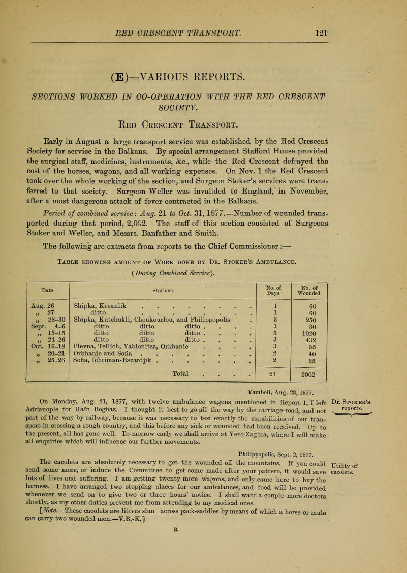 (E)—VARIOUS REPORTS. SECTIONS WORKED IN CO-OPERATION WITH THE RED CRESCENT SOCIETY. Red Crescent Transport. Early in August a large transport service was established by tbe Red Crescent Society for service in the Balkans. By special arrangement Stafford House provided the surgical staff, medicines, instruments, &c, while the Red Crescent defrayed the cost of the horses, wagons, and all working expenses. On Nov. 1 the Red Crescent took over the whole working of the section, and Surgeon Stoker's services were trans- ferred to that society. Surgeon Weller was invalided to England, in November, after a most dangerous attack of fever contracted in the Balkans. Period of combined service: Aug. 21 to Oct. 31,1877.—Number of wounded trans- ported during that period, 2,0G2. The staff of this section consisted of Surgeons Stoker and Weller, and Messrs. Banfather and Smith. The following are extracts from reports to the Chief Commissioner :— Table showing amount op Work done by Dr. Stoker's Ambulance. (During Combined Sendee). Aug. 26 55 27 55 28-30 Sept 4-6 13-15 24-26 Oct. 16-18 20-21 » 25-26 Stations Shipka, Kesanlik ...... ditto Shipka, Kutchukli, Choukourlou, and Philippopolis ditto ditto ditto . ditto ditto ditto . ditto ditto ditto . Plevna, Tellich, Tablonitza, Orkhanie Orkhanie and Sofia ...... Sofia, Ichtiman-Bazardjik Total No. of Days 1 1 3 3 3 3 3 2 2 21 No. of Wounded 60 60 250 30 1020 432 55 40 55 2002 Yamboli, Aug. 23, 1877. On Monday, Aug. 21, 1877, with twelve ambulance wagons mentioned in Report 1, I left Dr. Stoker's Adrianople for Ha'fn Boghaz. I thought it best to go all the way by the carriage-road, and not reports, part of the way by railway, because it was necessary to test exactly the capabilities of our tran- sport in crossing a rough country, and this before any sick or wounded had been received. Up to the present, all has gone well. To-morrow early we shall arrive at Yeni-Zaghra, where I will make all enquiries which will influence our further movements. Philippopolis, Sept. 2, 1877. The cacolets are absolutely necessary to get the wounded off the mountains. If you could rrtilit f send some more, or induce the Committee to get some made after your pattern, it would save cacolets. lots of lives and suffering. I am getting twenty more wagons, and only came here to buy the harness. I have arranged two stopping places for our ambulances, and food will be provided whenever we send on to give two or three hours' notice. I shall want a couple more doctors shortly, as my other duties prevent me from attending to my medical ones. [Note.—These cacolets are litters slun across pack-saddles by means of which a horse or mule can carry two wounded men.—V.B.-K.]