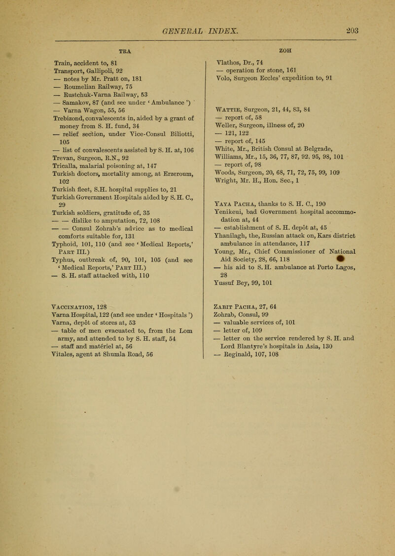 TRA Train, accident to, 81 Transport, Gallipoli, 92 — notes by Mr. Pratt on, 181 — Roumelian Eailway, 75 — Rustchuk-Varna Railway, 53 — Samakov, 87 (and see under ' Ambulance ') — Varna Wagon, 55, 56 Trebizond, convalescents in, aided by a grant of money from S. H. fund, 34 — relief section, under Vice-Consul Biliotti, 105 — list of convalescents assisted by S. H. at, 106 Trevan, Surgeon, R.N., 92 Tricalla, malarial poisoning at, 147 Turkish doctors, mortality among, at Erzeroum, 102 Turkish fleet, S.H. hospital supplies to, 21 Turkish Government Hospitals aided by S. H. C, 29 Turkish soldiers, gratitude of, 35 dislike to amputation, 72, 108 Consul Zohrab's advice as to medical comforts suitable for, 131 Typhoid, 101, 110 (and see 'Medical Reports,' Part HI.) Typhus, outbreak of, 90, 101, 105 (and see ' Medical Reports,' Part III.) — S. H. staff attacked with, 110 Vaccination, 128 Varna Hospital, 122 (and see under ' Hospitals ') Varna, depot of stores at, 53 — table of men evacuated to, from the Lorn army, and attended to by S. H. staff, 54 — staff and materiel at, 56 Vitales, agent at Shumla Road, 56 ZOH Vlathos, Dr., 74 — operation for stone, 161 Volo, Surgeon Eccles' expedition to, 91 Wattie, Surgeon, 21, 44, 83, 84 — report of, 58 Weller, Surgeon, illness of, 20 — 121, 122 — report of, 145 White, Mr., British Consul at Belgrade, Williams, Mr., 15, 36, 77, 87, 92. 95, 98, 101 — report of, 98 Woods, Surgeon, 20, 68, 71, 72, 75, 99, 109 Wright, Mr. H., Hon. Sec, 1 Yaya Pacha, thanks to S. H. C, 190 Yenikeui, bad Government hospital accommo- dation at, 44 — establishment of S. H. depot at, 45 Yhanilagh, the, Russian attack on, Kars district ambulance in attendance, 117 Young, Mr., Chief Commissioner of National Aid Society, 28, 66, 118 • — his aid to S. H. ambulance at Porto Lagos, 28 Yussuf Bey, 99, 101 Zabit Pacha, 27, 64 Zohrab, Consul, 99 — valuable services of, 101 — letter of, 109 — letter on the service rendered by S. H. and Lord Blantyre's hospitals in Asia, 130 — Reginald, 107, 108