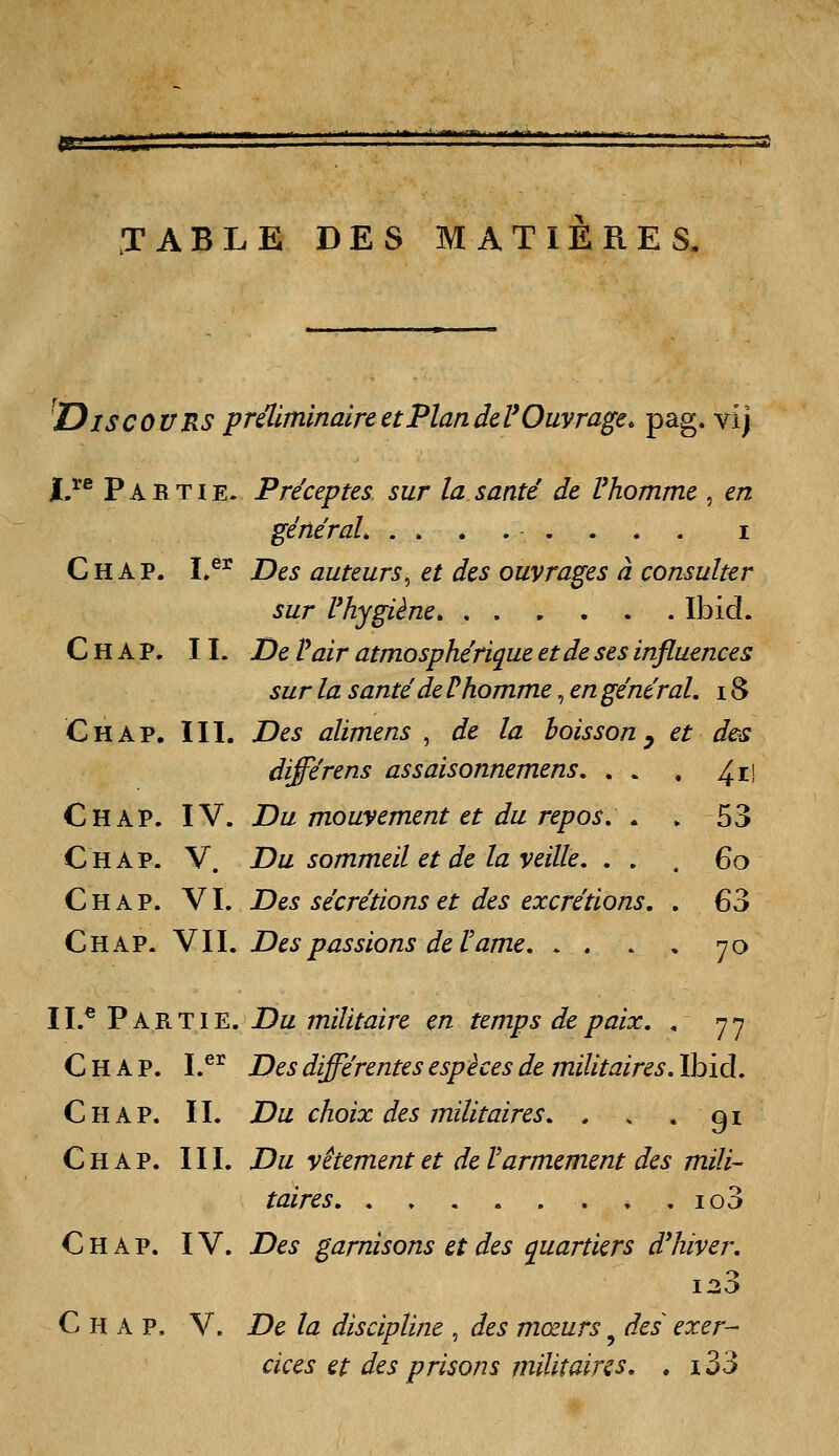 TABLE DES MATIERES, Discours préliminaire et Plan de ? Ouvrage, pag. vi j V}^ Partie. Préceptes sur la santé de Vhomme , en général. ..*..... i Chap. L®^ Des auteurs, et des ouvrages à consulter sur Vhygiène Ibid. Chap. II. De Pair atmosphérique et de ses influences sur la santé deV homme, en général, i8 Chap. III. Des alimens , de la boisson y et des différens assaisonnemens, . . . ^n Chap. IV. Du mouvement et du repos, . . 53 Chap. V. Du sommeil et de la veille, ... 60 Chap. VI. Dzs sécrétions et des excrétions, . 63 Chap. W\, Des passions de Vame 70 \\.^ V k^ll^. Du militaire en temps de paix, , 77 Chap. I.^^ Des différentes espèces de militaires, Ibid. Chap. II. Du choix des militaires, . . , qi Chap. III. Du vêtement et de l'armement des mili- taires io3 Chap. IV. Des garnisons et des quartiers d'hiver, 123 Chap, V. De la discipline , des mœurs ^ des exer- cices et des prisons militaires. , 133