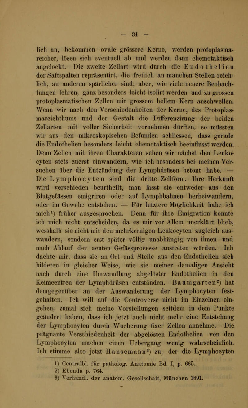 lieh an, bekommen ovale grössere Kerne, werden protoplasma- reicher, lösen sich eventuell ab und werden dann chemotaktisch angelockt. Die zweite Zellart wird durch die Endothelien der Saftspalten repräsentirt, die freilich an manchen Stellen reich- lich, an anderen spärlicher sind, aber, wie viele neuere Beobach- tungen lehren, ganz besonders leicht isolirt werden und zu grossen protoplasmatischen Zellen mit grossem hellem Kern anschwellen. Wenn wir nach den Verschiedenheiten der Kerne, des Protoplas- mareichthums und der Gestalt die Differenzirung der beiden Zellarten mit voller Sicherheit vornehmen dürften, so müssten wir aus den mikroskopischen Befunden schliessen, dass gerade die Endothelien besonders leicht chemotaktisch beeinflusst werden. Denn Zellen mit ihren Charakteren sehen wir nächst den Leuko- cyten stets zuerst einwandern, wie ich besonders bei meinen Ver- suchen über die Entzündung der Lymphdrüsen betont habe. — Die Lymphocyten sind die dritte Zellform. Ihre Herkunft wird verschieden beurtheilt, man lässt sie entweder aus den Blutgefässen emigriren oder auf Lymphbahnen herbeiwandern, oder im Gewebe entstehen. — Für letztere Möglichkeit habe ich mich1) früher ausgesprochen. Denn für ihre Emigration konnte ich mich nicht entscheiden, da es mir vor Allem unerklärt blieb, wesshalb sie nicht mit den mehrkernigen Leukocyten zugleich aus- wandern, sondern erst später völlig unabhängig von ihnen und nach Ablauf der acuten Gefässprocesse austreten würden. Ich dachte mir, dass sie an Ort und Stelle aus den Endothelien sich bildeten in gleicher Weise, wie sie meiner damaligen Ansicht nach durch eine Umwandlung abgelöster Endothelien in den Keimcentren der Lymphdrüsen entständen. Baumgarten2) hat demgegenüber an der Auswanderung der Lymphocyten fest- gehalten. Ich will auf die Controverse nicht im Einzelnen ein- gehen, zumal sich meine Vorstellungen seitdem in dem Punkte geändert haben, dass ich jetzt auch nicht mehr eine Entstehung der Lymphocyten durch Wucherung fixer Zellen annehme. Die prägnante Verschiedenheit der abgelösten Endothelien von den Lymphocyten machen einen Uebergang wenig wahrscheinlich. Ich stimme also jetzt Hansemann3) zu, der die Lymphocyten 1) Centralbl. für patholog. Anatomie Bd. I, p. 665. 2) Ebenda p. 764. 3) Verhandl. der anatom. Gesellschaft, München 1891.