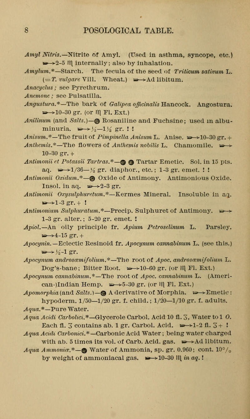 Amyl JVitris.—Nitrite of Amyl. (Used in asthma, syncope, etc.) »»—j-2-5 rT\ internally; also hy Inhalation. -4m.2/ZMm.*—Starch. The fecula of the seed of Triticum sativum L. (—T.vulgare YiU. Wheat.) -»->Ad libitum. Anacyclus; see Pyrethrum. Anemone; see Pulsatilla. Angustura.*—The bark of Galipea officinalis B.ancoc'k. Angostura. SB-^ 10-30 gr. (or n| Fl. Ext.) Anilinum (and Salts.)—^ Rosaniline and Fuchslne; used in albu- minuria. ^s»-^}i—l}2 gr. ! ! ^wisMm.*—The fruit of Pimpinella Anisum'L. Anise. ;»—v 10-30 gr.+ Antkemis.*—The flowers of Anthem-is nobilis L. Chamomile. » > 10-30 gr. + Antimonii e.t Potassii Tartras.*—^ Q Tartar Emetic. Sol. in 1-5 pts. aq. a»-^l/36—3^ gr. diaphor., etc.; 1-3 gr. emet. ! ! Antimonii Oxidum.*—0 Oxide of Antimony. Antimonious Oxide. Insol. in aq. »—>2-3 gr. Antimonii Oxysulphuretum.*—Kermes Mineral. Insoluble in aq. wi-^l-S gr. + ! Antimonium Sulphuratum.*—'Precii). Sulphuret of Antimony, ss—* 1-3 gr. alter.; 5-20 gr. emet. ! Apiol.—An oily principle fr. Apium Petroselinum L. Parsley. SB—v4-15 gr. + .iipocj/nin.—Eclectic Eesinoid fr. Apocynum cannahinum L. (see this.) w->>2'-lgr. Apocynum androscemifolium.*—The root of Apoc. androsa'mi/oUum L. Dog's-bane; Bitter Root. s*-^10-60 gr. (or 111 Fl. Ext.) Apocynum cannabinum.*—The root of Apoc. cannabinum L. (Ameri- can-)Indian Hemp. a>—v.5-30 gr. (or llj Fl. Ext.) Apomorphia (and Salts.)—® A derivative of Morphia. w-^-Emetic : hypoderm. 1/50—1/20 gr. f. child.; 1/20—1/10 gr. f. adults. J^wa.*—Pure Water. A qua Acidi Carbolici.*—Gl-ycero\e Carbol. Acid 10 fl. 3, Water to 1 0. Each fl. 3 contains ab. 1 gr. Carbol. Acid. a»->l-2 fl. 3 + ! Aqua Acidi Carbonici.*—Carbonic Acid Water; being water charged Avith ab. 5 times its vol. of Carb. Acid. gas. s»—vAd libitum. Aqua Ammonict.*-® Water of Ammonia, sp. gr. 0.960; cont. 10°/o by weight of ammoniacal gas. »»—> 10-30 111 in aq.!