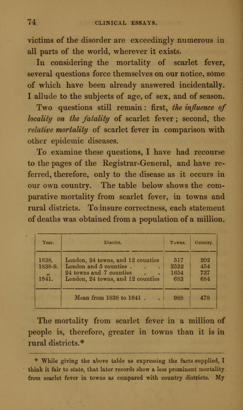 and 1848, in London in 1843, 1844, 1845, and 1846, and in Kent in 1843. Diseases. Typhus Scarlet Fever Measles Hooping Cough Small Pox Influenza Erysipelas No. deaths. Rel. order 141,517 1 105,250 2 63,793 3 62,867 4 59,460 5 18,553 6 10,787 7 Total 462,227 The figures thus quoted, place scarlet fever as second only in this country amongst the communicable diseases, in relation to mortality ; nor does more recent investigation at all modify this relative order. On the contrary I believe that were the returns under the head  typhus  more correctly made, the disease scarlet fever would now stand highest on the list. It is unfortunate that the terms  typhus, and  typhoid, are used too frequently in a generic sense to chronicle asthenic pneumonia, ursemia, and various other maladies having a tendency in their later stages to assume what is called the  typhoid  type. There is, consequently, in all our records of disease, a preponderance given to typhus which, ex- tensive as that disease is even now, it does not al- together deserve. It is so very important to see a rectification of this error in our statistical records, and the error is one to be so readily rectified by a little more attention to details of diagnosis on certificates of death, that I offer no apology for exposing it here, and for suggesting the means of its removal.