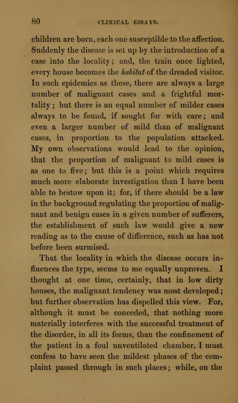 tion of the singular phenomenon, that of two children attacked at the same time, the one may be compara- tively well at the period when the other lies dead, each event being encircled in the period of a few days 1 The question is one of the most profound and im- portant in the field of medical inquiry. At this stage of our knowledge we must leave it with but one supposition; that there is, in the organism itself, a directing cause which modifies the violence of the poison, or intensifies its action; a cause allied to that agency which altogether prevents, in nearly every case, a repetition of the disease in those who have passed through its stages, whether gently or severely. ON DOUBTFUL SCARLET FEVER. I have twice met with examples of disease in which I have been at a loss to say, whether the cases were or were not scarlatinal in their nature. A young woman, a servant at an inn, was seized with slight shiverings, sensations of chilliness, weight in the head, and thirst. These symptoms lasted about twelve hours, when the body became covered with a bright red rash, the throat sore, and the tongue loaded and white. She was kept in bed, and ordered a simple effervescing medicine. Twelve hours after the first appearance of the eruption, it had entirely disappeared, and the patient expressed herself as feeling quite well. Three weeks afterwards, the same symptoms returned, and passed off as favour- ably as before, leaving no secondary disease. The disease was communicated to no one else. G 2