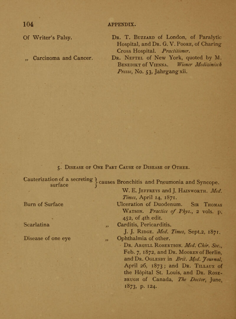 Of Writer's Palsy. „ Carcinoma and Cancer. Dr. T. Buzzard of London, of Paralytic Hospital, and Dr. G. V. Poore, of Charing- Cross Hospital. Practitioner. Dr. Neftel of New York, quoted by M, Benedikt of Vienna. Wiener Medizinisch PressCy No. 53, Jahrgangxii. 5. Disease of One Part Cause of Disease of Other. CauterizatiOT of_a secreting J ^^^^^^ Bronchitis and Pneumonia and Syncope. W. E. Jeffreys and J. Hainworth. Med. Times, April 14, 1871. Ulceration of Duodenum. Sir Thomas Watson. Practice of Phys., 2 vols. p» 452, of 4th edit. „ Carditis, Pericarditis. J. J. Ridge. Med. Times, Sept.2, 1871. „ Ophthalmia of other. Dr. Argyll Robertson. Med. Chir. Soc, Feb. 7, 1872, and Dr. Mooren of Berlin, and Dr. Oglesby in Brit. Med. Joufnal, April 26, 1873 ; and Dr. Tillaux of the Hopital St. Louis, and Dr. Rose- BRUGH of Canada, The Doctor, June, 1873, p. 124. Burn of Surface Scarlatina Disease of one eye