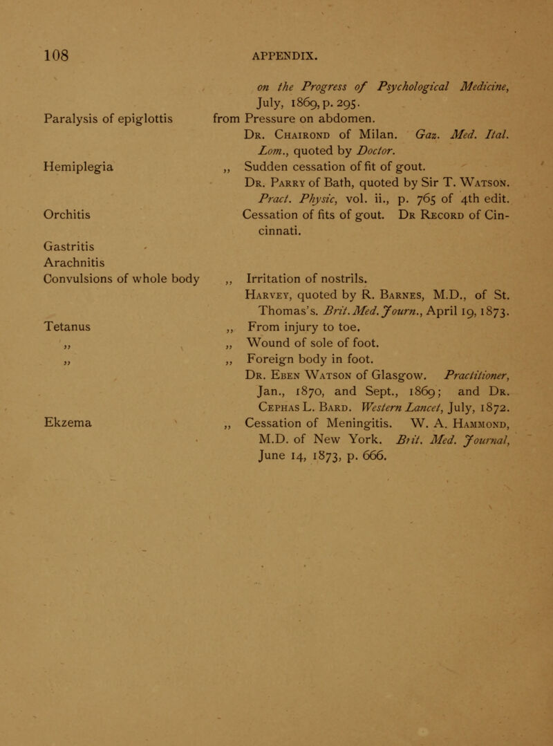 Paralysis of epiglottis Hemiplegia Orchitis Gastritis Arachnitis Convulsions of whole body Tetanus Ekzema on the Progress of Psychological Medicine^ July, 1869, p. 295. from Pressure on abdomen. Dr. Chairond of Milan. Gaz. Med. Ital. Lom., quoted by Doctor. „ Sudden cessation of fit of gout. Dr. Parry of Bath, quoted by Sir T. Watson. Pract. Physic, vol. ii., p. 765 of 4th edit. Cessation of fits of gout. Dr Record of Cin- cinnati. Irritation of nostrils. Harvey, quoted by R. Barnes, M.D., of St. Thomas's. Brit.Med.yourn., April 19, 1873. From injury to toe. Wound of sole of foot. Foreign body in foot. Dr. Eben Watson of Glasgow. Practitioner, Jan., 1870, and Sept., 1869; and Dr. Cephas L. Bard. Western Lancet, ]\x\y, 1872. Cessation of Meningitis. W. A. Hammond, M.D. of New York. Btit. Med. Journal, June 14, 1873, p. (^.