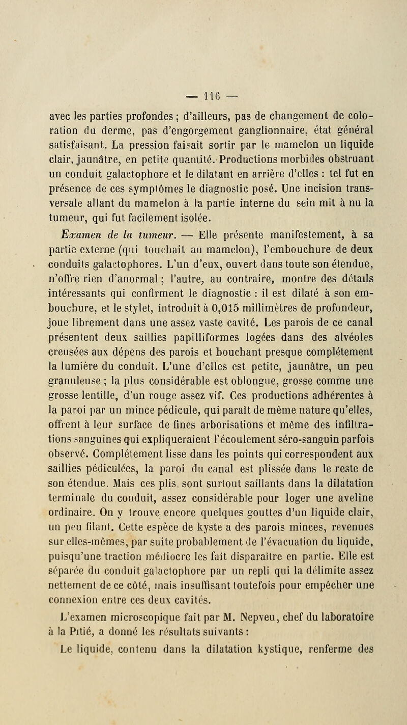 avec les parties profondes ; d'ailleurs, pas de changement de colo- ration du derme, pas d'engorgement ganglionnaire, état général satisfaisant. La pression faisait sortir par le mamelon un liquide clair, jaunâtre, en petite quantité. Productions morbides obstruant un conduit galactophore et le dilatant en arrière d'elles : tel fut en présence de ces symptômes le diagnostic posé. Une incision trans- versale allant du mamelon à la partie interne du sein mit à nu la tumeur, qui fut facilement isolée. Examen de la tumeur. — Elle présente manifestement, à sa partie externe (qui touchait au mamelon), l'embouchure de deux conduits galactophores. L'un d'eux, ouvert dans toute son étendue, n'offre rien d'anormal ; l'autre, au contraire, montre des détails intéressants qui confirment le diagnostic : il est dilaté à son em- bouchure, et le stylet, introduit à 0,015 millimètres de profondeur, joue librement dans une assez vaste cavité. Les parois de ce canal présentent deux saillies papilliformes logées dans des alvéoles creusées aux dépens des parois et bouchant presque complètement la lumière du conduit. L'une d'elles est petite, jaunâtre, un peu granuleuse ; la plus considérable est oblongue, grosse comme une grosse lentille, d'un rouge assez vif. Ces productions adhérentes à la paroi par un mince pédicule, qui paraît de même nature qu'elles, offrent à leur surface de fines arborisations et même des infiltra- tions sanguines qui expliqueraient l'écoulement séro-sanguin parfois observé. Complètement lisse dans les points qui correspondent aux saillies pédiculées, la paroi du canal est plissée dans le reste de son étendue. Mais ces plis sont surtout saillants dans la dilatation terminale du conduit, assez considérable pour loger une aveline ordinaire. On y trouve encore quelques gouttes d'un liquide clair, un peu filant. Cette espèce de kyste a des parois minces, revenues sur elles-mêmes, par suite probablement de l'évacuation du liquide, puisqu'une traction médiocre les fait disparaître en partie. Elle est séparée du conduit galactophore par un repli qui la délimite assez nettement de ce côté, mais insuffisant toutefois pour empêcher une connexion entre ces deux cavités. L'examen microscopique fait par M. Nepveu, chef du laboratoire à la Pitié, a donné les résultats suivants : Le liquide, contenu dans la dilatation kystique, renferme des