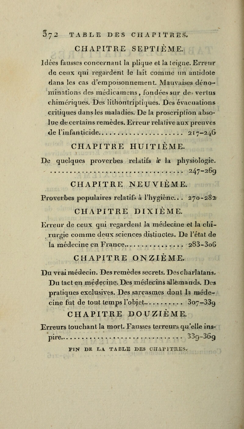 5 7 2 TABLE DES CHAPITRE W* CHAPITRE SEPTIÈME. Idées fausses concerna»l la plique et la teigne. Erreur de ceux qui regardent le lait comme un antidote dans les cas d'empoisonnement. Mauvaises déno- minations des médicamens, fondées sur de? vertus chimériques. Des Kthontripliques. Des évacuations critiques dans les maladies. De la proscriplion abso- lue de certains remèdes. Erreur relative aux preuves de l'infanticide 217-246 CHAPITRE HUITIÈME. De quelques proverbes relatifs à* la physiologie. - 247~269 CHAPITRE NEUVIÈME. Proverbes populaires relatifs à l'hygiène.. . 270-282' CHAPITRE DIXIÈME. Erreur de ceux qui regardent la médecine et la chi- rurgie comme deux sciences distinctes. De l'état de la médecine en France 283-3oG CHAPITRE ONZIÈME. Du vrai médecin. Des remèdes secrets. Des charlatans* Du tact en médecine. Des médecins allemands. Des pratiques exclusives. Des sarcasmes dont la méde- cine fut de tout temps l'objet 307-339 CHAPITRE DOUZIÈME. Erreurs touchant la mort. Fausses terreurs qu'elle ins- pire 339-369 FIN DE LA TABLE DES CHAPITRES,