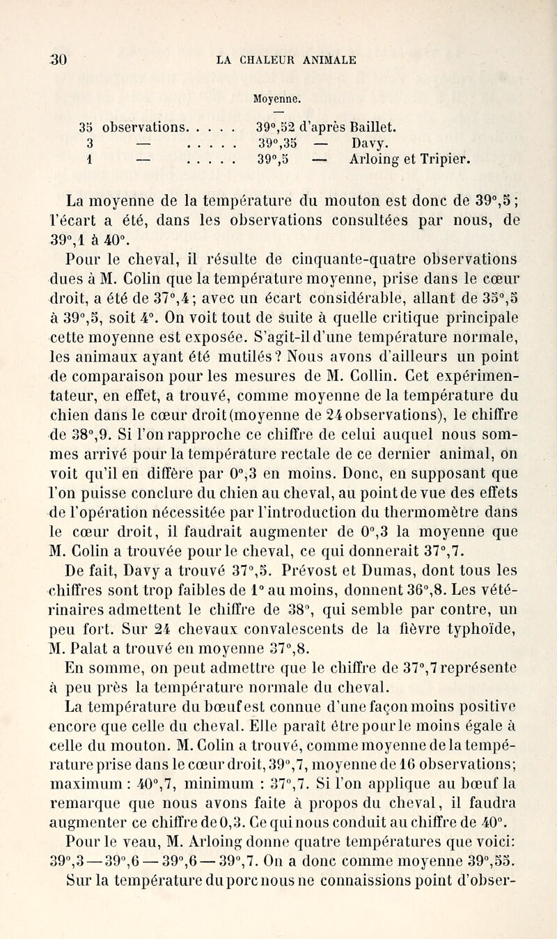 Moyenne. 35 observations 39°,52 d'après Baillet. 3 — 39°,35 — Davy. 1 — ..... 39°,5 — Arloing et Tripier. La moyenne de la température du mouton est donc de 39°,5 ; l'écart a été, dans les observations consultées par nous, de 39°,1 à 40°. Pour le cheval, il résulte de cinquante-quatre observations dues à M. Colin que la température moyenne, prise dans le cœur droit, a été de 37°,4; avec un écart considérable, allant de 35°,5 à 39°,5, soit 4°. On voit tout de suite à quelle critique principale cette moyenne est exposée. S'agit-il d'une température normale, les animaux ayant été mutilés? Nous avons d'ailleurs un point de comparaison pour les mesures de M. Collin. Cet expérimen- tateur, en effet, a trouvé, comme moyenne de la température du chien dans le cœur droit (moyenne de 24 observations), le chiffre de 38°,9. Si l'on rapproche ce chiffre de celui auquel nous som- mes arrivé pour la température rectale de ce dernier animal, on voit qu'il en diffère par 0°,3 en moins. Donc, en supposant que l'on puisse conclure du chien au cheval, au point de vue des effets de l'opération nécessitée par l'introduction du thermomètre dans le cœur droit, il faudrait augmenter de 0°,3 la moyenne que M, Colin a trouvée pour le cheval, ce qui donnerait 37°,7. De fait, Davy a trouvé 37°,3. Prévost et Dumas, dont tous les chiffres sont trop faibles de 1° au moins, donnent 36°,8. Les vété- rinaires admettent le chiffre de 38% qui semble par contre, un peu fort. Sur 24 chevaux convalescents de la fièvre typhoïde, M. Palat a trouvé en moyenne 37°,8, En somme, on peut admettre que le chiffre de 37°,7 représente à peu près la température normale du cheval. La température du bœuf est connue d'une façon moins positive encore que celle du cheval. Elle paraît être pour le moins égale à celle du mouton. M. Colin a trouvé, comme moyenne de la tempé- rature prise dans le cœur droit, 39°,7, moyenne de 16 observations; maximum : 40°,7, minimum : 37°,7. Si l'on applique au bœuf la remarque que nous avons faite à propos du cheval, il faudra augmenter ce chiffre de 0,3. Ce qui nous conduit au chiffre de 40°. Pour le veau, M. Arloing donne quatre températures que voici: 39°,3 —39°,6 —39°,6 —39°,7. On a donc comme moyenne 39°,35. Sur la température du porc nous ne connaissions point d'obser-
