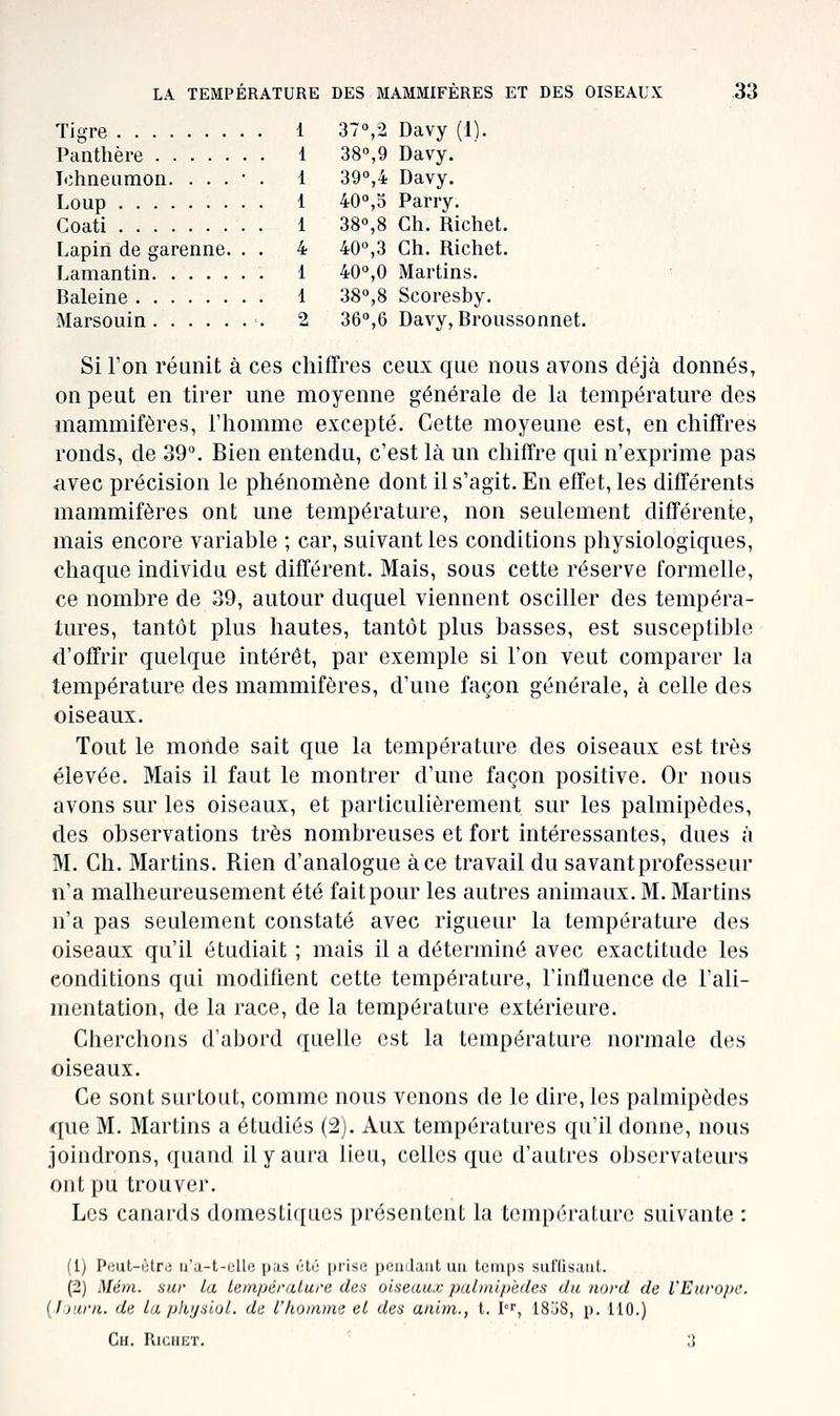 Tigre 1 37°,2 Davy (1). Panthère 1 38°,9 Davy. lohneiimon. . . . • . 1 39°,4 Davy. Loup 1 40°,5 Parry. Coati 1 38°,8 Ch. Richet. Lapin de garenne. . . 4 40°,3 Ch. Richet. Lamantin 1 40°,0 Martins. Baleine 1 38°,8 Scoresby. Marsouin 2 36°,6 Davy, Broussonnet. Si l'on réunit à ces chiffres ceux que nous avons déjà donnés, on peut en tirer une moyenne générale de la température des mammifères, Thomme excepté. Cette moyeune est, en chiffres ronds, de 39°. Bien entendu, c'est là un chiffre qui n'exprime pas avec précision le phénomène dont il s'agit. En effet, les différents mammifères ont une température, non seulement différente, mais encore variable ; car, suivant les conditions physiologiques, chaque individu est différent. Mais, sous cette réserve formelle, ce nombre de 39, autour duquel viennent osciller des tempéra- tures, tantôt plus hautes, tantôt plus basses, est susceptible d'offrir quelque intérêt, par exemple si l'on veut comparer la température des mammifères, d'une façon générale, à celle des oiseaux. Tout le monde sait que la température des oiseaux est très élevée. Mais il faut le montrer d'une façon positive. Or nous avons sur les oiseaux, et particulièrement sur les palmipèdes, des observations très nombreuses et fort intéressantes, dues à M. Ch. Martins. Rien d'analogue à ce travail du savant professeur n'a malheureusement été faitpour les autres animaux. M. Martins n'a pas seulement constaté avec rigueur la température des oiseaux qu'il étudiait ; mais il a déterminé avec exactitude les conditions qui modiflent cette température, l'influence de l'ali- mentation, de la race, de la température extérieure. Cherchons d'abord quelle est la température normale des oiseaux. Ce sont surtout, comme nous venons de le dire, les palmipèdes que M. Martins a étudiés (2). Aux températures qu'il donne, nous joindrons, quand il y aura lieu, celles que d'autres observateurs ont pu trouver. Les canards domestiques présentent la température suivante : (1) Peut-iHre u'a-t-elle pas iHû pi'isii pomlaut un temps sui'lis.iiit. (2) Mém. sur la température des oiseaux palmipèdes du nord de l'Europe. {Jj'irn. de la pliysiol. de l'homme et des anim., t. 1°'', 18'J8, p. 110.) Ch. Righeï. 3