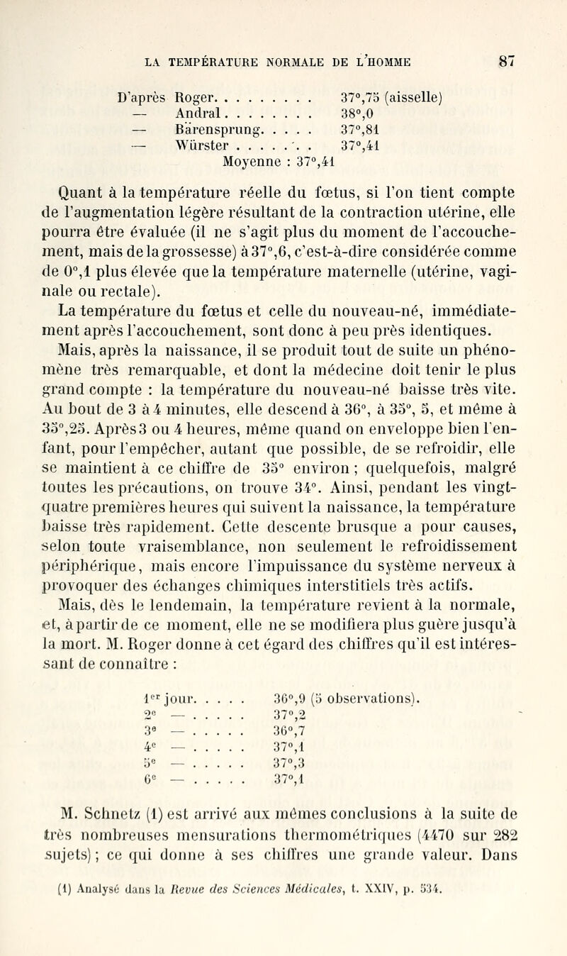 D'après Roger 37°,75 (aisselle) — Andral 380,0 — Bàrensprung 37°,81 — Wùrster . 370,41 Moyenne : 37°,41 Quant à la température réelle du fœtus, si Ton tient compte de l'augmentation légère résultant de la contraction utérine, elle pourra être évaluée (il ne s'agit plus du moment de l'accouche- ment, mais de la grossesse) à 37,6, c'est-à-dire considérée comme de 0,! plus élevée que la température maternelle (utérine, vagi- nale ou rectale). La température du fœtus et celle du nouveau-né, immédiate- ment après l'accouchement, sont donc à peu près identiques. Mais, après la naissance, il se produit tout de suite un phéno- mène très remarquable, et dont la médecine doit tenir le plus grand compte : la température du nouveau-né baisse très vite. Au bout de 3 à4 minutes, elle descend à 36°, à So, S, et même à 35°,2o. Après 3 ou 4 heures, même quand on enveloppe bien len- fant, pour l'empêcher, autant que possible, de se refroidir, elle se maintient à ce chiffre de 33° environ ; quelquefois, malgré toutes les précautions, on trouve 34°. Ainsi, pendant les vingt- quatre premières heures qui suivent la naissance, la température baisse très rapidement. Cette descente brusque a pour causes, selon toute vraisemblance, non seulement le refroidissement périphérique, mais encore l'impuissance du système nerveux à provoquer des échanges chimiques interstitiels très actifs. Mais, dès le lendemain, la température revient à la normale, et, à partir de ce moment, elle ne se modifiera plus guère jusqu'à la mort, M. Roger donne à cet égard des chiffres qu'il est intéres- sant de connaître : ljour 36°,9 (5 observations). 2« — 37°,2 3« — 36°,7 4« — 37»,1 o« — 37°,3 6= — 37°,1 M. Schnetz (1) est arrivé aux mômes conclusions à la suite de très nombreuses mensurations thermométriques (4470 sur 282 sujets); ce qui donne à ses chiffres une grande valeur. Dans (1) AnalysO dans la Revue des Sciences Médicales, t. XXIV, p. lî'H.