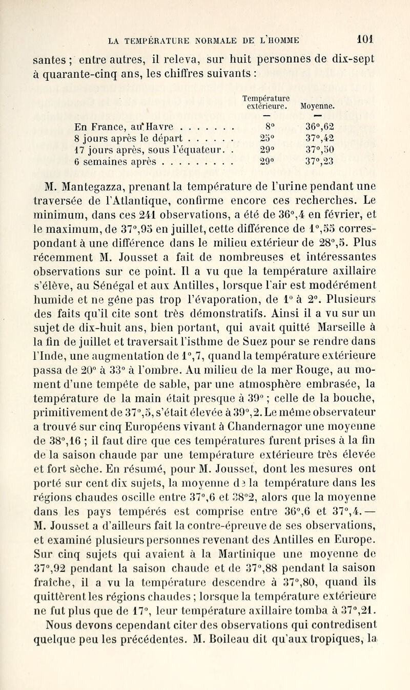 santés ; entre autres, il releva, sur huit personnes de dix-sept à quarante-cinq ans, les chiffres suivants : Température extérieure. Moyenne. En France, au*Havre 8° 36°,62 8 jours après le départ âo 37°,42 17 jours après, sous réquateur. . 29° 37°,50 6 semaines après 29° 37°,23 M. Mantegazza, prenant la température de l'urine pendant une traversée de FAtlanlique, confirme encore ces recherches. Le minimum, dans ces 241 observations, a été de 36°,4 en février, et le maximum, de 37°,95 en juillet, cette différence de l°,5o corres- pondant à une différence dans le milieu extérieur de 28%5. Plus récemment M. Jousset a fait de nombreuses et intéressantes observations sur ce point. Il a vu que la température axillaire s'élève, au Sénégal et aux Antilles, lorsque l'air est modérément humide et ne gêne pas trop l'évaporation, de 1° à 2°. Plusieurs des faits qu'il cite sont très démonstratifs. Ainsi il a vu sur un sujet de dix-huit ans, bien portant, qui avait quitté Marseille à la fin de juillet et traversait l'isthme de Suez pour se rendre dans l'Inde, une augmentation de l,?, quand la température extérieure passa de 20 à 33° à l'ombre. Au milieu de la mer Rouge, au mo- ment d'une tempête de sable, par une atmosphère embrasée, la température de la main était presque à 39° ; celle de la bouche, primitivement de 37%5, s'était élevée à 39°,2. Le même observateur a trouvé sur cinq Européens vivant à Chandernagor une moyenne de 38°,16 ; il faut dire que ces températures furent prises à la fin de la saison chaude par une température extérieure très élevée et fort sèche. En résumé, pour M. Jousset, dont les mesures ont porté sur cent dix sujets, la moyenne di la température dans les régions chaudes osciUe entre 37°,6 et 38°2, alors que la moyenne dans les pays tempérés est comprise entre 36,6 et 37°,4.— M. Jousset a d'ailleurs fait la contre-épreuve de ses observations, et examiné plusieurs personnes revenant des Antilles en Europe. Sur cinq sujets qui avaient à la Martinique une moyenne de 37°,92 pendant la saison chaude et de 37°,88 pendant la saison fraîche, il a vu la température descendre à 37°,80, quand ils quittèrent les régions chaudes ; lorsque la température extérieure ne fut plus que de 17°, leur température axillaire tomba à 37°,21. Nous devons cependant citer des observations qui contredisent quelque peu les précédentes. M. Boileau dit qu'aux tropiques, la