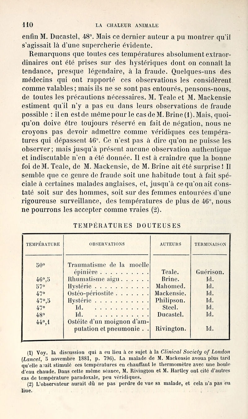 enfin M. Ducastel, 48°. Mais ce dernier auteur a pu montrer qu'il s'agissait là d'une supercherie évidente. Remarquons que toutes ces températures absolument extraor- dinaires ont été prises sur des hystériques dont on connaît la tendance, presque légendaire, à la fraude. Quelques-uns des médecins qui ont rapporté ces observations les considèrent comme valables ; mais ils ne se sont pas entourés, pensons-nous, de toutes les précautions nécessaires. M. Teale et M. Mackensie estiment qu'il n'y a pas eu dans leurs observations de fraude possible : il en est de même pour le cas de M. Brine (1). Mais, quoi- qu'on doive être toujours réservé en fait de négation, nous ne croyons pas devoir admettre comme véridiques ces tempéra- tures qui dépassent 46^ Ce n'est pas à dire qu'on ne puisse les observer; mais jusqu'à présent aucune observation authentique et indiscutable n'en a été donnée. Il est à craindre que la bonne foi de M. Teale, de M. Mackensie, de M. Brine ait été surprise 1 II semble que ce genre de fraude soit une habitude tout à fait spé- ciale à certaines malades anglaises, et, jusqu'à ce qu'on ait cons- taté soit sur des hommes, soit sur des femmes entourées d'une rigoureuse surveillance, des températures de plus de -46°, nous ne pourrons les accepter comme vraies (2). TEMPÉRATURES DOUTEUSES TEMPÉRATURE OBSERVATIONS AUTEURS TERMINAISON 50° 46'',5 57° 47° 47°,o 47° 48° 44°,1 Traumatisme de la moelle épinière Teale. Brine. Mahomed. Mackensie. Philipson. Steel. Ducastel. Rivington. Guérison. Id. Id. Id. Id. Id. Id. Id. Rhumatisme aigu Hystérie Ostéo-périostite Hystérie Id Id Ostéite d'un moignon d'am- putation et pneumonie . . (1) Voy. la discussion qui a eu lieu à ce sujet à la Clinical Society of Loîidon (Lancet, 5 novembre 1881, p. 796). La malade de M. Mackensie avoua plus tard qu'elle avait stimulé ces températures en chauffant le thermomètre avec une boule d'eau chaude. Dans cette même séance, M. Rivington et M. Hartiey ont cité d'autres cas de température paradoxale, peu véridiques. (2) L'observateur aurait dû ne pas perdre de vue sa malade, et cela n'a pas eu liue.