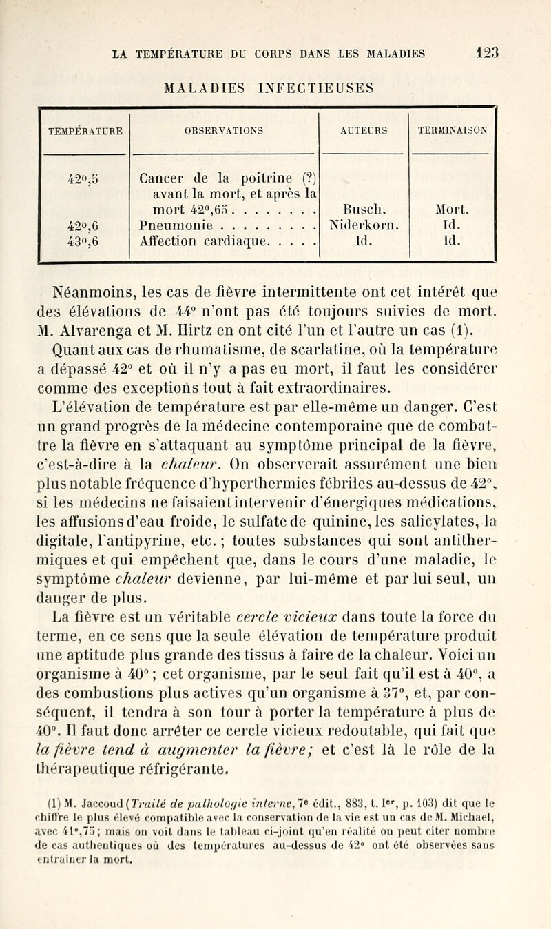MALADIES INFECTIEUSES TEMPÉRATURE OBSERVATIONS AUTEURS TERMINAISON 420,5 420,6 430,6 Cancer de la poitrine (?) avant la mort, et après la mort 42*^,65 Busclî. Niderkorn. Id. Mort. Id. Id. Pneumonie Affection cardiaque Néanmoins, les cas de fièvre intermittente ont cet intérêt que des élévations de 44° n'ont pas été toujours suivies de mort. M. Alvarenga et M. Hirtz en ont cité l'un et l'autre un cas (1). Quant aux cas de rhumatisme, de scarlatine, où la température a dépassé 42° et où il n'y a pas eu mort, il faut les considérer comme des exceptions tout à fait extraordinaires. L'élévation de température est par elle-même un danger. C'est un grand progrès de la médecine contemporaine que de combat- tre la fièvre en s'attaquant au symptôme principal de la fièvre, c'est-à-dire à la chaleur. On observerait assurément une bien plus notable fréquence d'hypertliermies fébriles au-dessus de 42°, si les médecins nefaisaientintervenir d'énergiques médications, les affusions d'eau froide, le sulfate de quinine, les salicylates, la digitale, l'antipyrine, etc. ; toutes substances qui sont antither- miques et qui empêchent que, dans le cours d'une maladie, le symptôme chaleur devienne, par lui-même et par lui seul, un danger de plus. La fièvre est un véritable cercle vicieux dans toute la force du terme, en ce sens que la seule élévation de température produit une aptitude plus grande des tissus à faire de la chaleur. Voici un organisme à 40° ; cet organisme, par le seul fait qu'il est à 40°, a des combustions plus actives qu'un organisme à 37°, et, par con- séquent, il tendra à son tour à porter la température à plus de 40°. Il faut donc arrêter ce cercle vicieux redoutable, qui fait que la fièvre tend à augmenter la fièvre; et c'est là le rôle de la thérapeutique réfrigérante. (1) M. Jaccoud(7'm(7é de palholori'ie interne,!^ édit., 883, t. !<•, p. 103) dit que le chiffre le plus élevé compatible avec la conservation de la vie est un cas de M. Michael, avec 4l',7;j; mais on voit dans le talileau ci-joint (ju'en réalité ou ])eut citer nombic; de cas authentiques où des températures au-dessus de ■42° ont été observées sau& < ntr.iiin r la mort.