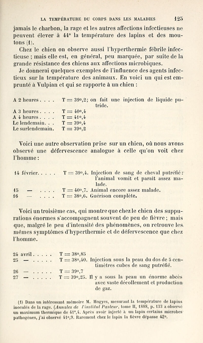 jamais le charbon, la rage et les autres affections infectieuses ne peuvent élever à 44° la température des lapins et des mou- tons (1). Chez le chien on observe aussi l'hyperthermie fébrile infec- tieuse ; mais elle est, en général, peu marquée, par suite de la grande résistance des chiens aux affections microbiques. Je donnerai quelques exemples de Tinfluence des agents infec- tieux sur la température des animaux. En voici un qui est em- prunté à Vulpian et qui se rapporte à un chien : A 2 heures. . . . T = 39o,2; on fait une injection de liquide pu- tride. A 3 heures .... T = 40o,4 A 4 heures .... T = 41»,4 Le lendemain. . . T = 39o,4 Le surlendemain. T = 39»,2 Voici une autre observation prise sur un chien, où nous avons observé une défervescence analogue à celle qu'on voit chez' l'homme : 14 février T = 39°,4. Injection de sang de cheval putréfier l'animal vomit et paraît assez ma- lade. 15 — .... T = 400,7. Animal encore assez malade. 16 — .... T = 380,6. Guérison complète. Voici un troisième cas, qui montre que chez le chien des suppu- rations énormes s'accompagnent souvent de peu de fièvre ; mais que, malgré le peu d'intensité des phénomènes, on retrouve lesv mômes symptômes d'hyperthermie et de défervescence que chez l'homme. 24 avril T = 38o,85 25 — T = 380,40. Injection sous la peau du dos de 5 cen- timètres cubes de sang putréfié. 26 — T = 390,7 27 — ï = 390,2ij. Il y a sous la peau un énorme abcès avec vaste décollement et production de gaz. (1) Dans un intéressant mémoire M. Hoçyes, mesurant la température de lapins inoculés de la rage. {Annales de /.'inslilul Pasleur, tome II, 1888, p. i:i.'} a observé un maximum thermique de M°/t. Après avoir injecté jï un lapin certains microbes pathogènes, j'ai observé il»,9. Rarement chez le ht]nn la fièvre dépasse 42».