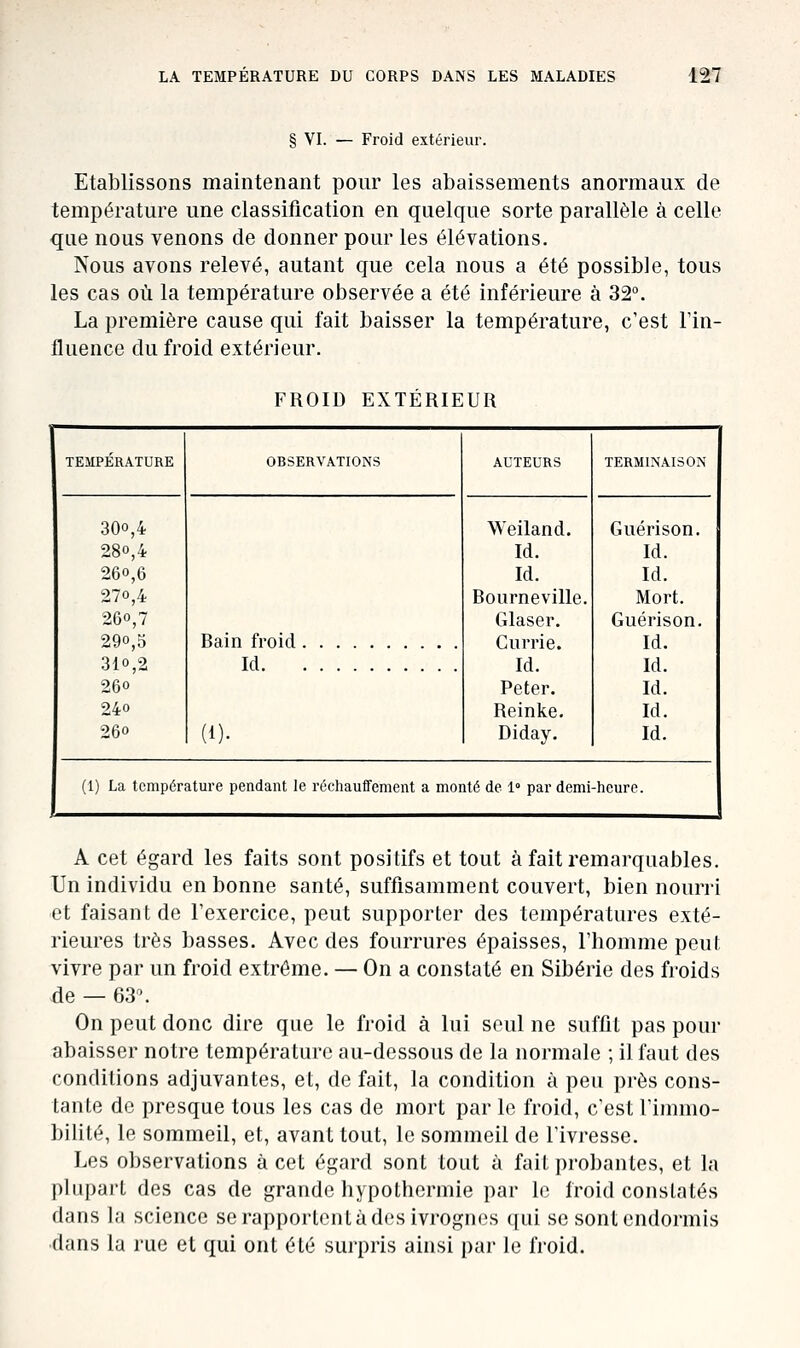 § VI. — Froid extérieur. Etablissons maintenant ponr les abaissements anormaux de température une classification en quelque sorte parallèle à celle que nous venons de donner pour les élévations. Nous avons relevé, autant que cela nous a été possible, tous les cas où la température observée a été inférieure à 32. La première cause qui fait baisser la température, c'est Tin- fluence du froid extérieur. FROID EXTERIEUR TEMPÉRATURE OBSERVATIONS AUTEURS TERMINAISON 300,4 280,4 260,6 270,4 260,7 290,5 310,2 260 240 260 Bain froid Weiland. Id. Id. Bourneville. Glaser, Currie. Id. Peter. Reinke. Diday. Guérison. Id. Id. Mort. Guérison. Id. Id. Id. Id. Id. Id (1). (1) La température pendant le réchauffement a monté de 1° par demi-heure. A cet égard les faits sont positifs et tout à fait remarquables. Un individu en bonne santé, suffisamment couvert, bien nourri et faisant de l'exercice, peut supporter des températures exté- rieures très basses. Avec des fourrures épaisses, l'homme peut vivre par un froid extrême. — On a constaté en Sibérie des froids de — 63^ On peut donc dire que le froid à lui seul ne suffit pas pour abaisser notre température au-dessous de la normale ; il faut des conditions adjuvantes, et, de fait, la condition à pen près cons- tante de presque tous les cas de mort par le froid, c'est l'immo- bilité, le sommeil, et, avant tout, le sommeil de l'ivresse. Les observations à cet égard sont tout à fait probantes, et la plupart des cas de grande hypothermie par le froid constatés dans la science se rapportent à des ivrognes qui se sont endormis dans la rue et qui ont été surpris ainsi par le froid.