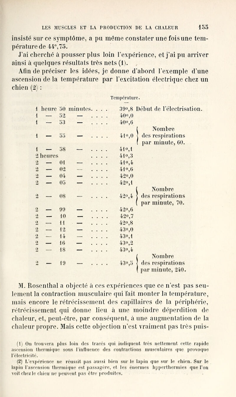 insisté sur ce symptôme, a pu même constater une fois une tem- pérature de 44°,75. J'ai cherché à pousser plus loin Fexpérience, et j'ai pu arriver ainsi à quelques résultats très nets (1). Afin de préciser les idées, je donne d'abord l'exemple d'une ascension de la température par l'excitation électrique chez un chien (2) : Température. 1 heure 50 minutes. 1 — o2 — . 1 — 53 — . 1 — 00 1 — 58 2 heures 2 — 01 2 — 02 2 — 04 2 — 05 08 — 99 — 10 — 11 — 12 — 14 — 16 — 18 — 2 — 19 390,8 400,0 40o,6 410,0 410,1 410,3 410,4 410,6 420,0 420,1 420,4 420,6 420,7 420,8 430,0 430,1 430,2 430,4 430,5 Début de Félectrisation. Nombre des respirations par minute, 60, Nombre des respirations par minute, 70. Nombre des respirations par minute, 240. M. Rosenthal a objecté à ces expériences que ce n'est pas seu- lement la contraction musculaire qui fait monter la température, mais encore le rétrécissement des capillaires de la périphérie, rétrécissement qui donne lieu à une moindre déperdition de chaleur, et, peut-être, par conséquent, à une augmentation de la chaleur propre. Mais cette objection n'est vraiment pas très puis- (1; Ou ti(tu\era jilns loin des tracés <[ui iu(]i(iueiit très nettement cette ra[»ide .isiensinii tlieiini<[ue sous l'influence des contractions musculaires (|uc jirovociue l'i-'lcctricité. (2) L'e\|iérieiice ne réussit pas aussi bien sur le lapin cpie sur le chien. Sur le l.'irnn l'ascension lhermif|ue est passugcre, et les énormes lijpi'rHierinies (|ue l'on voitciiezie chien ne peuvent pas être produites.