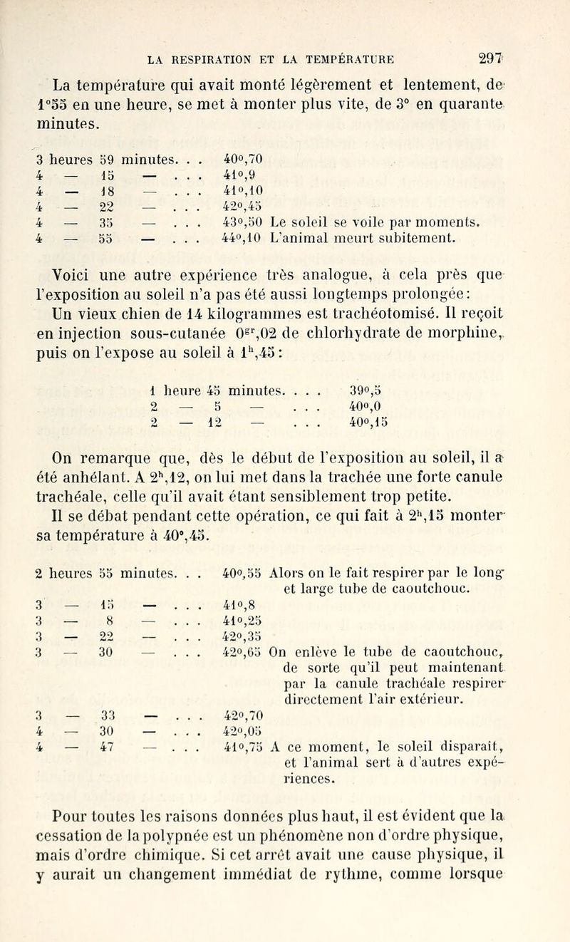 La température qui avait monté légèrement et lentement, de' l^SS en une heure, se met à monter plus vite, de 3° en quarante minutes. 3 heures 59 minutes 4 — 15 — 4 — 18 — 4 22 4 — 35 — 4 — 55 — 400,70 410,9 410,10 420,45 4-ZO,4r5 430,50 Le soleil se voile par moments. 440,10 L'animal meurt subitement. Voici une autre expérience très analogue, à cela près que l'exposition au soleil n'a pas été aussi longtemps prolongée: Un vieux chien de 14 kilogrammes est trachéotomisé. Il reçoit en injection sous-cutanée 0s%02 de chlorhydrate de morphine,, puis on l'expose au soleil à i^^Ao : 1 heure 45 minutes. . . 390,5 2 — 5 — 400,0 2—12 — 400,15 On remarque que, dès le début de l'exposition au soleil, il a été anhélaut. A S'*,!^, on lui met dans la trachée une forte canule trachéale, celle qu'il avait étant sensiblement trop petite. Il se débat pendant cette opération, ce qui fait à 2^,15 monter sa température à 40%4o. 2 heures 55 minutes. . . 40o,55 Alors on le fait respirer par le long- et large tube de caoutchouc. — ... 410,8 — ... 410,25 — ... 420,35 — ... 420,65 On enlève le tube de caoutchouc, de sorte qu'il peut maintenant par la canule trachéale respirer directement l'air extérieur. — ... 420,70 — ... 420,05 — . . . 410,75 A ce moment, le soleil disparaît, et l'animal sert à d'autres expé- riences. Pour toutes les raisons données plus haut, il est évident que la cessation de la polypnée est un phénomène non d'ordre physique, mais d'ordre ciiimique. Si cet arrêt avait une cause physique, il y aurait un changement immédiat de rythme, comme lorsque 3 - - 15 3 - 8 3 - - 22 3 - - 30 3 - - 33 4 - - 30 4 - - 47