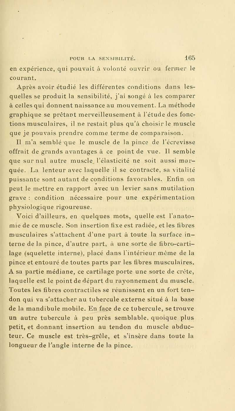 en expérience, qui pouvait à volonté ouvrir ou fermer le courant. Après avoir étudié les différentes conditions dans les- quelles se produit la sensibilité, j'ai songé à les comparer à celles qui donnent naissance au mouvement. La méthode graphique se prêtant merveilleusement à l'étude des fonc- tions musculaires, il ne restait plus qu'à choisir le muscle que je pouvais prendre comme terme de comparaison. Il m'a semblé que le muscle de la pince de l'écrevisse offrait de grands avantages à ce point de vue. Il semble que sur nul autre muscle, l'élasticité ne soit aussi mar- quée. La lenteur avec laquelle il se contracte, sa vitalité puissante sont autant de conditions favorables. Enfin on peut le mettre en rapport, avec un levier sans mutilation grave : condition nécessaire pour une expérimentation physiologique rigoureuse. Voici d'ailleurs, en quelques mots, quelle est l'anato- mie de ce muscle. Son insertion fixe est radiée, et les fibres musculaires s'attachent d'une part à toute la surface in- terne de la pince, d'autre part, à une sorte de fibro-carti- lage (squelette interne), placé dans l'intérieur même de la pince et entouré de toutes parts par les fibres musculaires. A sa partie médiane, ce cartilage porte une sorte de crête, laquelle est le point de départ du rayonnement du muscle. Toutes les fibres contractiles se réunissent en un fort ten- don qui va s'attacher au tubercule externe situé à la base de la mandibule mobile. En face de ce tubercule, se trouve un autre tubercule à peu près semblable, quoique plus petit, et donnant insertion au tendon du muscle abduc- teur. Ce muscle est très-grêle, et s'insère dans toute la longueur de l'angle interne de la pince.