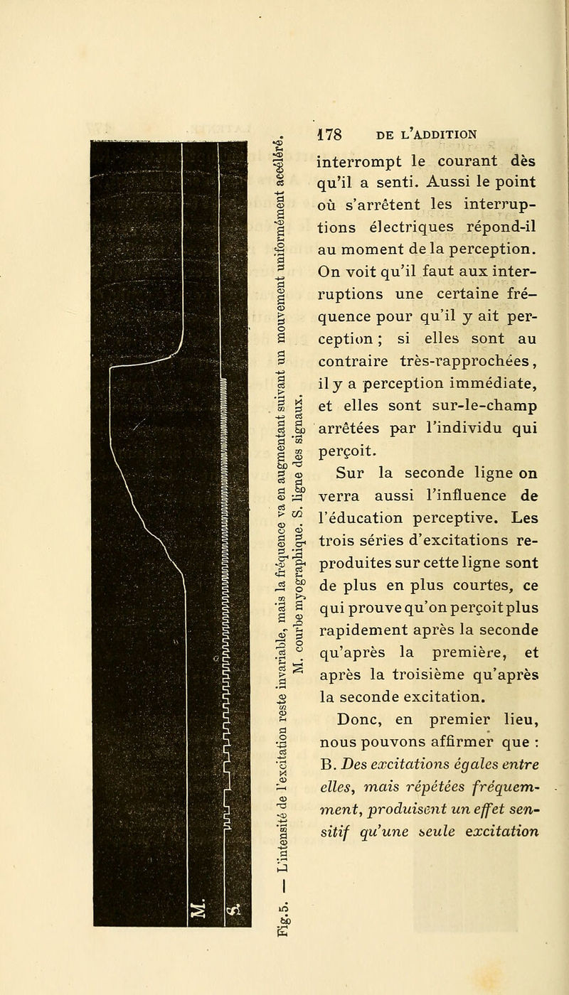 d © a o a p -.2 'B p +j d o a <D > d o a a s ■+a d ce g '3 M œ d •+•2 cS d d ci fcjj -tJ d 'S 0) a CB Sb t3 d CD c3 d d 60 œ d* c3 . !> ÇQ <u o © d d <D o-1 d »co cd ld ci CS CD O QQ t-~> 'o3 a g s interrompt le courant dès qu'il a senti. Aussi le point où s'arrêtent les interrup- tions électriques répond-il au moment de la perception. On voit qu'il faut aux inter- ruptions une certaine fré- quence pour qu'il y ait per- ception ; si elles sont au contraire très-rapprochées, il y a perception immédiate, et elles sont sur-le-champ arrêtées par l'individu qui perçoit. Sur la seconde ligne on verra aussi l'influence de l'éducation perceptive. Les trois séries d'excitations re- produites sur cette ligne sont de plus en plus courtes, ce qui prouve qu'on perçoit plus rapidement après la seconde qu'après la première, et après la troisième qu'après la seconde excitation. Donc, en premier lieu, nous pouvons affirmer que : B. Des excitations égales entre elles, mais répétées fréquem- ment, produisent un effet sen- sitif qu'une seule excitation bû S