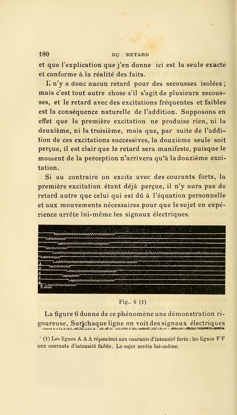 et que l'explication que j'en donne ici est la seule exacte et conforme à.la réalité des faits. II n'y a donc aucun retard pour des secousses isolées ; mais c'est tout autre chose s'il s'agit de plusieurs secous- ses, et le retard avec des excitations fréquentes et faibles est la conséquence naturelle de l'addition. Supposons en effet que la première excitation ne produise rien, ni la deuxième, ni la troisième, mais que, par suite de l'addi- tion de ces excitations successives, la douzième seule soit perçue, il est clair que le retard sera manifeste, puisque le moment de la perception n'arrivera qu'à la douzième exci- tation. Si au contraire on excite avec des courants forts, la première excitation étant déjà perçue, il n'y aura pas de retard autre que celui qui est dû à l'équation personnelle et aux mouvements nécessaires pour que le sujet en expé- rience arrête lui-même les signaux électriques, wwvvuvww'wMajv/ mwvwmjv—:—'—: .'. '.. —'-■-.' ■' ;—':., ' ':,,■,■■.'. 'V ■,' ., ....■•-/—:r tmwwMwiwwivwiww Fig.. 6 (1) La figure 6 donne de ce phénomène une démonstration ri- goureuse. Surichaque ligne on voit des signaux électriques : (1) Les lignes A A A répondent aux courants d'intensité forte ; les lignes F F aux courants d'intensité faible. Le sujet arrête lui-même.