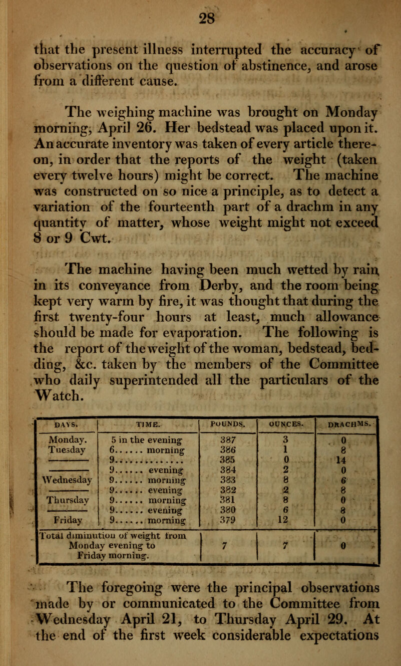 that the present illness interrupted the accuracy of observations on the question ot abstinence^ and arose from a different cause. The weighing machine was brought on Monday morning, April 26. Her bedstead was placed upon it. An accurate inventory was taken of every article there- on, in order that the reports of the weight (taken every twelve hours) might be correct. The machine was constructed on so nice a principle, as to detect a variation of the fourteenth part of a drachm in any quantitv of matter, whose weight might not exceed 8 or 9 Cwt. The machine having been much wetted by rain, in its conveyance from Derby, and the room being kept very warm by fire, it was thought that during the first twenty-four hours at least, much allowance should be made for evaporation. The following is the report of the weight of the woman, bedstead, bed- ding, &c. taken by the members of the Committee who daily superintended all the particulars of the Watch. DAYS. TIME. POUNDS. OUNCES. DRACHMS. Monday. Tuesday 5 in the evening 6 morning 9.. 387 386 385 384 383 382 381 380 379 3 1 0 2 8 2 8 6 12 0 8 14 0 6 8 0 8 0 9 evening 9 morning 9 evening 9 morning 9 evening 9 morning Wednesday Thursday Friday Total diminution of weight from Monday evening to Friday morning. 7 7 0 The foregoing were the principal observations made by or communicated to the Committee from Wednesday April 21, to Thursday April 29. At the end of the first week considerable expectations