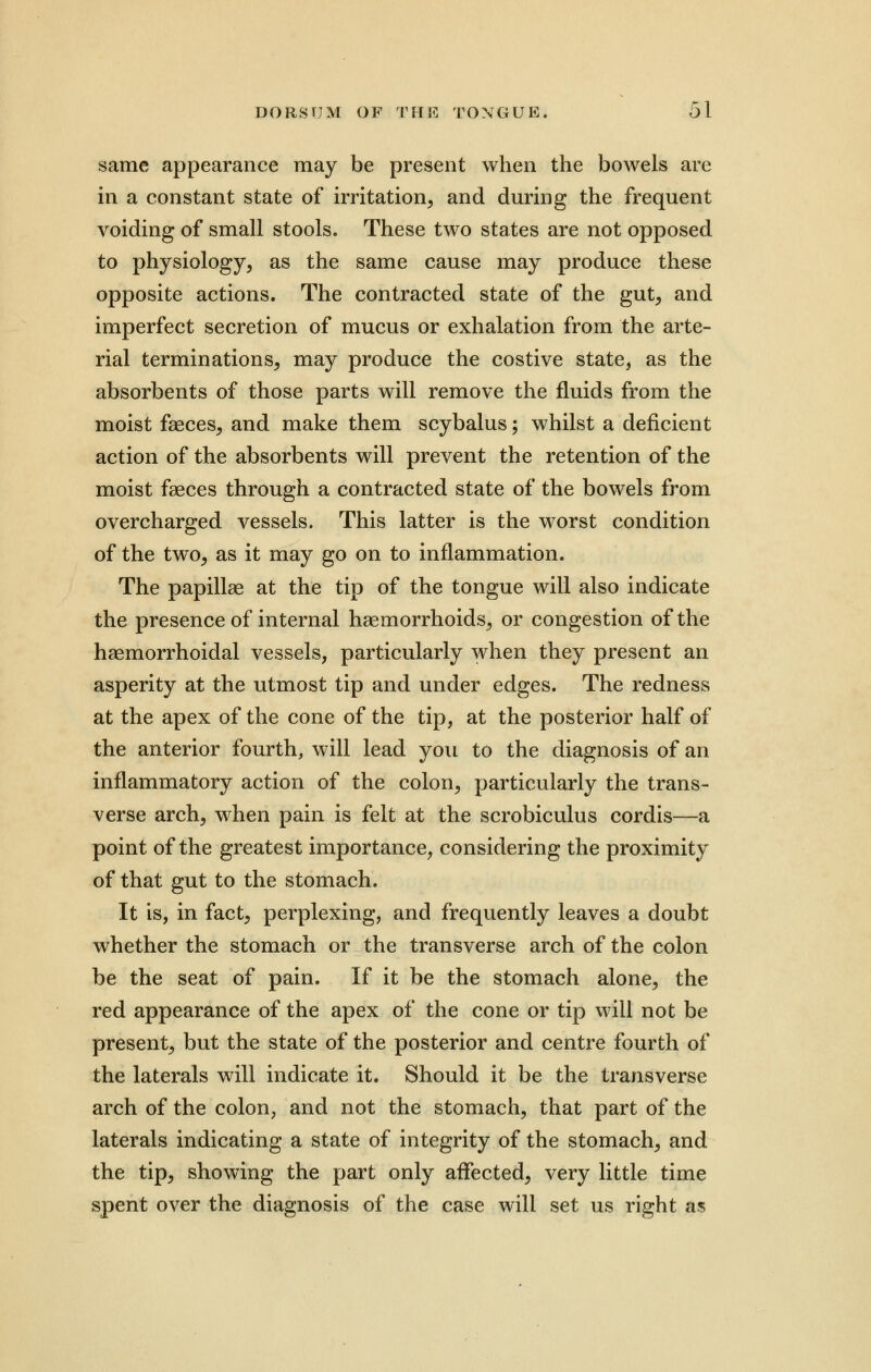same appearance may be present when the bowels are in a constant state of irritation, and during the frequent voiding of small stools. These two states are not opposed to physiology, as the same cause may produce these opposite actions. The contracted state of the gut, and imperfect secretion of mucus or exhalation from the arte- rial terminations, may produce the costive state, as the absorbents of those parts will remove the fluids from the moist faeces, and make them scybalus; whilst a deficient action of the absorbents will prevent the retention of the moist faeces through a contracted state of the bowels from overcharged vessels. This latter is the worst condition of the two, as it may go on to inflammation. The papillae at the tip of the tongue will also indicate the presence of internal haemorrhoids, or congestion of the haemorrhoidal vessels, particularly when they present an asperity at the utmost tip and under edges. The redness at the apex of the cone of the tip, at the posterior half of the anterior fourth, will lead you to the diagnosis of an inflammatory action of the colon, particularly the trans- verse arch, when pain is felt at the scrobiculus cordis—a point of the greatest importance, considering the proximity of that gut to the stomach. It is, in fact, perplexing, and frequently leaves a doubt whether the stomach or the transverse arch of the colon be the seat of pain. If it be the stomach alone, the red appearance of the apex of the cone or tip will not be present, but the state of the posterior and centre fourth of the laterals will indicate it. Should it be the transverse arch of the colon, and not the stomach, that part of the laterals indicating a state of integrity of the stomach, and the tip, showing the part only affected, very little time spent over the diagnosis of the case will set us right as
