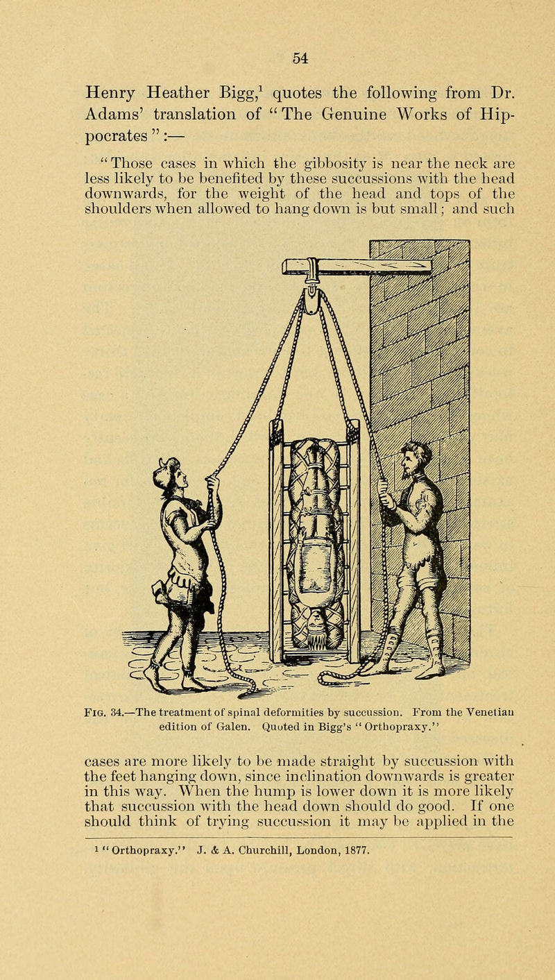 Henry Heather Bigg,^ quotes the following from Dr. Adams' translation of  The Genuine Works of Hip- pocrates :—  Those cases in which the gibbosity is near the neck are less likely to be benefited by these succussions with the head downwards, for the weight of the head and tops of the shoulders when allowed to hang down is but small; and such Fig. 34.—The treatment of spinal deformities by succussion. From tlie Venetian edition of Galen. Quoted in Bigg's  Ortliopraxy. cases are more lilcely to be made straight by succussion with the feet hanging down, since inclination downwards is greater in this way. When the hump is lower down it is more likely that succussion with the head down should do good. If one should think of trying succussion it may 1)e applied in the 1 ■' Orthopraxy. J. & A. Churchill, London, 1877.