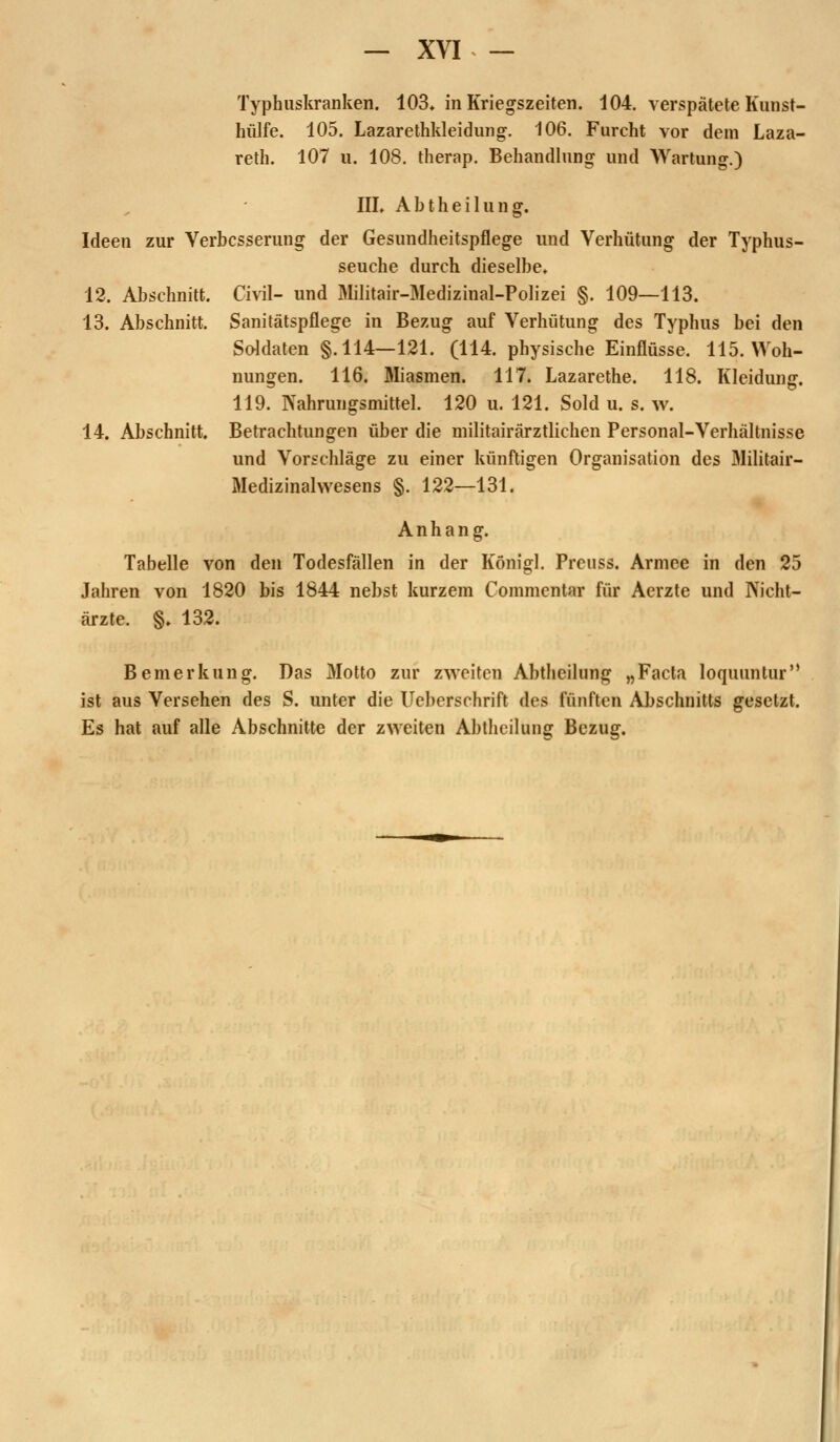 Typhuskranken. 103, in Kriegszeiten. 104. verspätete Kunst- hülfe. 105. Lazarethkleiduiig, 106, Furcht vor dem Laza- reth. 107 u. 108. therap. Behandlung und Wartung.) IIL Abtheilung. Ideen zur Verbesserung der Gesundheitspflege und Verhütung der Typhus- seuche durch dieselbe. Civil- und ]\Iilitair-Medizinal-Polizei §. 109—113. Sanilätspflege in Bezug auf Verhütung des Typhus bei den Soldaten §.114—121. (114. physische Einflüsse. 115. Woh- nungen. 116. Miasmen. 117. Lazarethe. 118. Kleidung. 119. Nahrungsmittel. 120 u. 121. Sold u. s. w. Betrachtungen über die militairärztlichen Personal-Verhältnisse und Vorschläge zu einer künftigen Organisation des Militair- Medizinalwesens §. 122—131. 12. Abschnitt. 13. Abschnitt. 14. Abschnitt. Anhang. Tabelle von den Todesfällen in der Königl. Preuss. Armee in den 25 Jahren von 1820 bis 1844 nebst kurzem Commcntar für Acrzte und Nicht- ärzte. §. 132. Bemerkung. Das Motto zur zweiten Abtheilung „Facta loquuntur'* ist aus Versehen des S. unter die Ueberschrift des fünften Abschnitts gesetzt. Es hat auf alle Abschnitte der z\Yeiten Abtheilung Bezug.