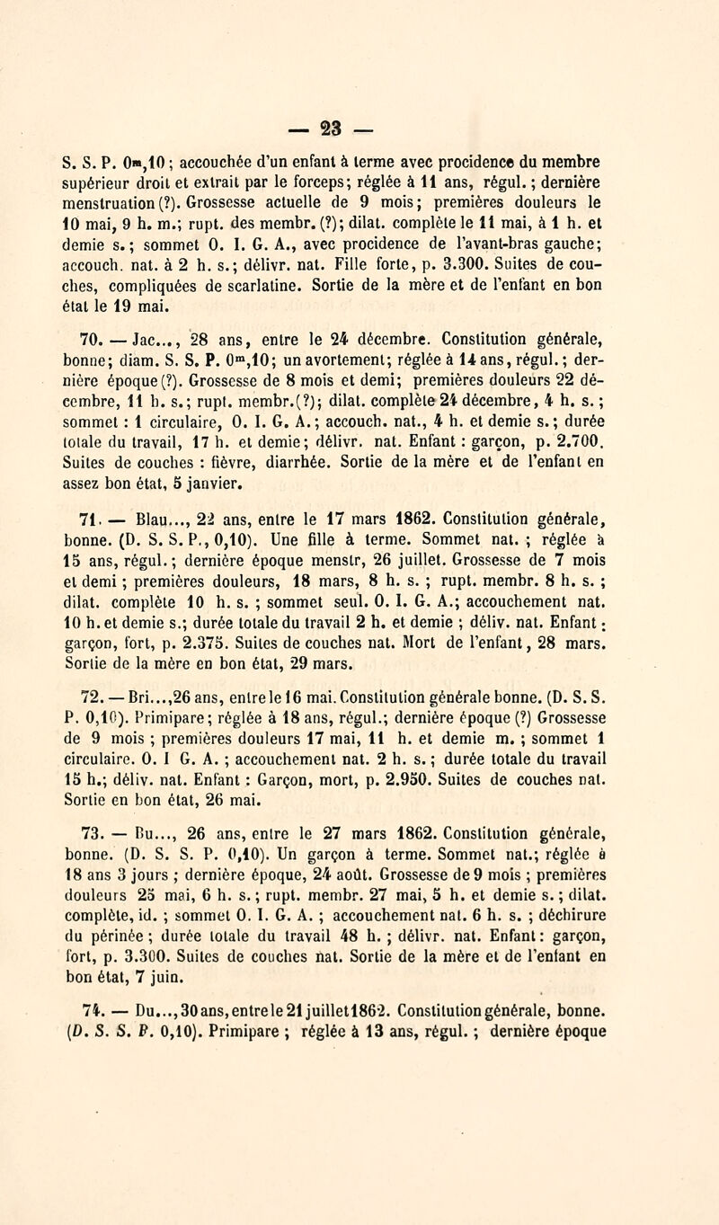 S. s. p. 0«,10 ; accouchée d'un enfant à terme avec procidence du membre supérieur droit et extrait par le forceps; réglée à 11 ans, régul. ; dernière menstruation(?). Grossesse actuelle de 9 mois; premières douleurs le 10 mai, 9 h. m.; rupt. des membr. (?); dilat. complète le 11 mai, à 1 h. et demie s.; sommet 0. I. G. A., avec procidence de l'avant-bras gauche; accouch. nat. à 2 h, s.; délivr. nat. Fille forte, p. 3.300. Suites de cou- ches, compliquées de scarlatine. Sortie de la mère et de l'enfant en bon état le 19 mai. 70.—Jac..., 28 ans, entre le 24 décembre. Constitution générale, bonne; diam. S. S. P. Qn'jlO; unavortemenl; réglée à 1-tans,régul.; der- nière époque (?). Grossesse de 8 mois et demi; premières douleurs 22 dé- cembre, 11 h. s.; rupt. membr.(?); dilat. complète 24 décembre, 4 h. s. ; sommet : 1 circulaire, 0. I. G. A.; accouch. nat., 4 h. et demie s.; durée (otale du travail, 17 h. et demie; délivr. nat. Enfant : garçon, p. 2.700. Suites de couches : fièvre, diarrhée. Sortie de la mère et de l'enfant en assez bon état, 5 janvier. 71. — Blau..., 22 ans, entre le 17 mars 1862. Constitution générale, bonne. (D. S. S, P., 0,10). Une fille à terme. Sommet nat. ; réglée à 15 ans, régul.; dernière époque menstr, 26 juillet. Grossesse de 7 mois et demi ; premières douleurs, 18 mars, 8 h. s. ; rupt. membr. 8 h. s. ; dilat. complète 10 h. s. ; sommet seul. 0. I. G. A.; accouchement nat. 10 h. et demie s.; durée totale du travail 2 h. et demie ; déliv. nat. Enfant : garçon, fort, p. 2.375. Suites de couches nat. Mort de l'enfant, 28 mars. Sortie de la mère en bon état, 29 mars. 72. — Bri...,26ans, entre le 16 mai. Constitution générale bonne. (D. S. S. P. 0,10). Primipare; réglée à 18 ans, régul.; dernière époque (?) Grossesse de 9 mois ; premières douleurs 17 mai, 11 h. et demie m. ; sommet 1 circulaire. 0. I G. A. ; accouchement nat. 2 h. s. ; durée totale du travail 15 h.; déliv. nat. Enfant : Garçon, mort, p. 2.950. Suites de couches nat. Sortie en bon état, 26 mai. 73. — Ru..., 26 ans, entre le 27 mars 1862. Constitution générale, bonne. (D. S. S. P. 0,10). Un garçon à terme. Sommet nat.; réglée à 18 ans 3 jours ; dernière époque, 24 août. Grossesse de 9 mois ; premières douleurs 23 mai, 6 h. s. ; rupt. membr. 27 mai, 5 h. et demie s. ; dilat. complète, id. ; sommet 0. 1. G. A. ; accouchement nat. 6 h. s. ; déchirure du périnée ; durée totale du travail 48 h. ; délivr. nat. Enfant : garçon, fort, p. 3.30O. Suites de couches nat. Sortie de la mère et de l'entant en bon état, 7 juin. 74. — Du...,30ans,entrele21juilletl86-2. Constitution générale, bonne. (D. S. S. P. 0,10). Primipare ; réglée à 13 ans, régul. ; dernière époque