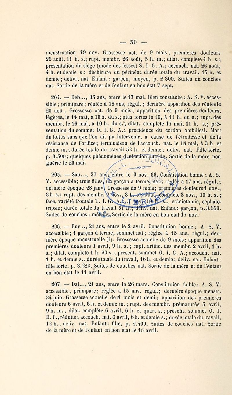 mensirualion 19 nov. Grossesse act. de 9 mois; premières douleurs 25 août, 11 h. s.; rupt, membr. 26 août, 5 h. m.; dilat. complète 4 h. s.; présenlalion du siège (mode des fesses) S. I. G. A.; accouch. nat. 26 août, 4 h. et demie s.; déchirure du périnée; durée totale du travail, 15 h. et demie; dèlivr. nat. Entant : garçon, moyen, p. 2.300, Suites de. couches nat. Sortie de la mère et de l'enfant en boa éiat 7 sept. 20'k — Deb..., 35 ans, entre le 17 mai. Bien constituée ; A. S. V. acces- sible; primipare; réglée à 18 ans, régul. ; dernière apparition des règles le 20 aoû . Grossesse act. de 9 mois; apparition des premières douleurs, légères, le 14 mai, à iOh. dus.; plus fortes le î6, à 11 h. du s.; rupt. des membr. le 16 mai, a 10 h. du s.'; dilat. complète 17 mai, Il h. s.; pré- senlalion du sommet 0. I. G. A.; procidence du cordon ombilical, ftlort du fœtus sans que Ton ait pu intervenir, à cause de 1 elroitesse et de la résistance de l'oritice; terminaison de laccouch. nat. le 18 mai, à 3 h. et demie m.; durée totale du travail 52 h. et demie; déliv. nat. Fille forte, p. 3.500; quelques phénomènes djafentôffÇSîrklii. Sortie de la mère non guérie le 23 mai. /^ *>-' ' ^ '-1^ A. ^ ..-=->'^>- ^^ 205. — Sau..., 37 ané^enlre le 3 nov. 66. Consîitiition bonne ; A. S. V. accessible; trois tilles,' ® garçon à terme, nat.; ré^éè à 17 ans, régul. ; dernière époque 28janvi Grossesse de 9 mois; premie/es douleurs 1 nov., 8h. s.; rupt. des membr.'S^irov., 3 h.r'gTf^ïïSC^^v^lèle 3 nov., 10 h. s. ; face, variété frontale T. 1. GVs^^^ J î|vî^l^^^lC^ crâniolomie, céphalo- tripsie; durée totale du travail M 11.;'UfîllVTual. Enfant :.garçon, p. 3.550. Suites de couches : méÎEJfe^i Sortie de la mère en bon élat 17 nov. 206. — Bur...,2i ans, entre le 2 avril. Constitution bonne; A. S. V. accessible; 1 garçon à terme, sommet nat; réglée à 15 ans, régul.; der- nière époque menstruelle (?). Grossesse actuelle de 9 mois; apparition des premières douleurs 1 avril, 9 h. s. ; rupt. artific. des membr. 2 avril, 1 h. s.; dilat. complète 1 h. 20 s. ; présent, sommet 0. I. G. A.; accouch. nat. 1 h. et demie s.; durée totale du travail, 16 h. et demie; déliv. nai. Enfant: fille forte, p. 3.*2-20. Suites de couches nat. Soriie de la mère et de l'enfant en bon état le 11 avril. 207. — Dal...,21 ans, entre le 26 mars. Conslilulion faible; A. S. V. accessible; primipare; réglée à 15 ans, régul.; dernière époque menstr. 24juin. Grossesse actuelle de 8 mois et demi; apparition des premières douleurs 6 avril, 6 h. et demie m. ; rupt. des membr. prématurée 5 avril, 9 h. m.; dilat. complète 6 avril, 6 h. cl quart s.; préseùl. sommet 0. 1. D. l\,réduite; accouch. nat. 6 avril, 6h.etdemie s.; durée toialc du travail, 12 h.; déliv. nat. Enfant: tille, p. 2.'iOQ. Suites découches nat. Sortie