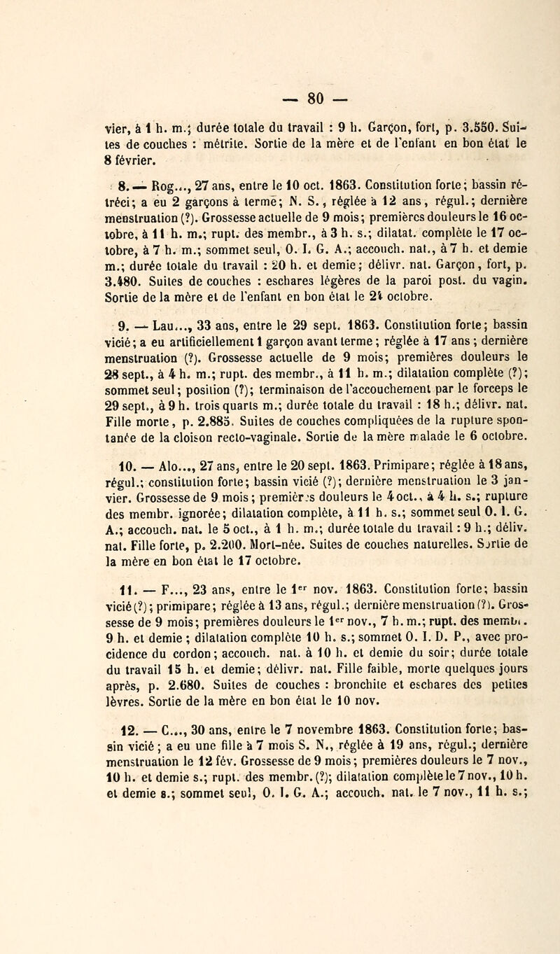 — 80 — vier, à 1 h. m.; durée totale du travail : 9 h. Garçon, fort, p. 3.SS0. Sui- tes de couches : métrile. Sortie de la mère et de rentani en bon état le 8 février. .. 8.— Rog.<., 27ans, entre le 10 oct. 1863. Constitution forte; bassin ré- tréci; a eu 2 garçons à terme; IS. S., réglée à 12 ans, régul.; dernière menstruation (?). Grossesse actuelle de 9 mois ; premières douleurs le 16 oc- lobre, à 11 h. m.; rupt. des membr,, à 3 h. s.; dilatât, complète le 17 oc- tobre, à 7 h. m.; sommet seul, 0.1. G. A.; accouch. nat,, à 7 h. et demie m.; durée totale du travail : 20 h. et demie,- délivr. nat. Garçon, fort, p. 3.480. Suites de couches : eschares légères de la paroi post. du vagin. Sortie de la mère et de Tenfant en bon éiat le 2i oclobre. 9. — Lau..., 33 ans, entre le 29 sept. 1863. Constitution forte; bassin vicié; a eu artificiellement 1 garçon avant terme ; réglée à 17 ans ; dernière menstruation (?). Grossesse actuelle de 9 mois; premières douleurs le 28 sept., à 4 h. m.; rupt. des membr., à 11 h. m.; dilatation complète (?); sommet seul; position (?); terminaison de raceouchemeni par le forceps le 29 sept., à 9 h. trois quarts m.; durée totale du travail : 18 h.; délivr. nat. Fille morte, p. 2.883. Suites de couches compliquées de la rupture spon- tanée de la cloison recto-vaginale. Sortie de la mère malade le 6 oclobre. 10. — Alo..., 27 ans, entre le 20 sept. 1863. Primipare; réglée à 18ans, régul.; constitution forte; bassin vicié (?); dernière menstruation le 3 jan- vier. Grossesse de 9 mois; premier :s douleurs le 4 oct., à 4 h. s.; rupture des membr. ignorée; dilatation complète, à 11 h. s.; sommet seul 0.1. G. A.; accouch. nat. le 5 oct., à 1 h. m.; durée totale du travail : 9 h.; déliv. nat. Fille forte, p. 2.200. Wort-née. Suites de couches naturelles. Sjrlie de la mère en bon étal le 17 oclobre. 11. — F..., 23 ans, entre le l* nov. 1863. Constitution forte; bassin vicié(?); primipare; réglée à 13 ans, régul.; dernière menstruation (?). Gros- sesse de 9 mois; premières douleurs le t^^'nov., 7 h. m.; rupt. desmembi. 9 h. et demie ; dilatation complète 10 h. s.; sommet 0. I. D. P., avec pro- cidence du cordon; accouch. nat. à 10 h. et demie du soir; durée totale du travail 15 h. et demie; délivr. nat. Fille faible, morte quelques jours après, p. 2.680. Suites de couches : bronchite et eschares des petites lèvres. Sortie de la mère en bon éial le 10 nov. 12. — C..., 30 ans, entre le 7 novembre 1863. Constitution forte; bas- sin vicié ; a eu une fille k 7 mois S. N., réglée à 19 ans, régul.; dernière menstruation le 12 fév. Grossesse de 9 mois; premières douleurs le 7 nov., 10 h. et demie s.; rupt. des membr. (?); dilalaiion complète le 7 nov., 10 h.