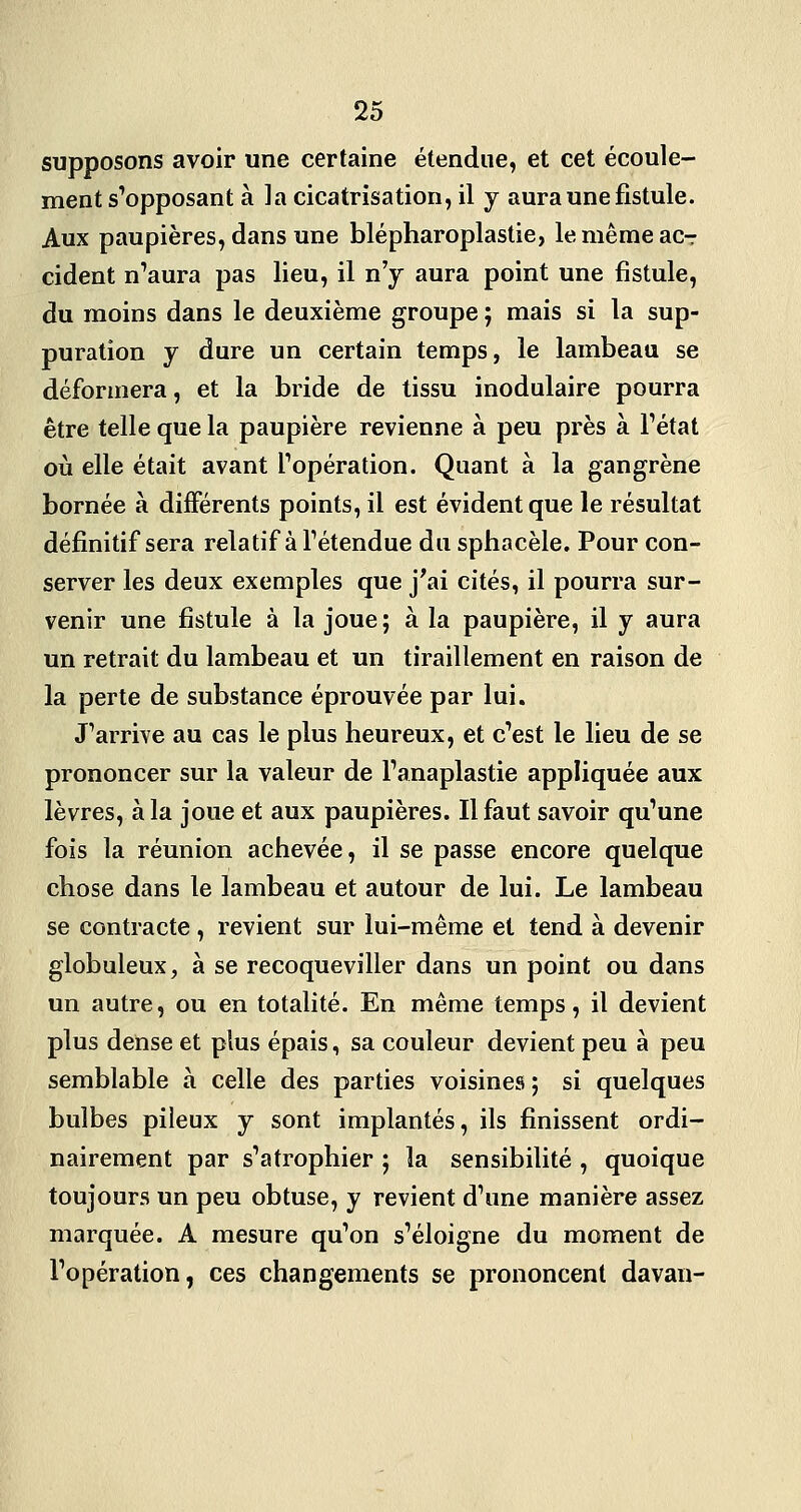 supposons avoir une certaine étendue, et cet écoule- ment s'opposant à ]a cicatrisation, il y aura une fistule. Aux paupières, dans une blépharoplastie, le même ac-r cident n^aura pas lieu, il n'y aura point une fistule, du moins dans le deuxième groupe ; mais si la sup- puration y dure un certain temps, le lambeau se déformera, et la bride de tissu inodulaire pourra être telle que la paupière revienne à peu près à l'état où elle était avant l'opération. Quant à la gangrène bornée à différents points, il est évident que le résultat définitif sera relatif à l'étendue du sphacèle. Pour con- server les deux exemples que j'ai cités, il pourra sur- venir une fistule à la joue; à la paupière, il y aura un retrait du lambeau et un tiraillement en raison de la perte de substance éprouvée par lui. J'arrive au cas le plus heureux, et c'est le lieu de se prononcer sur la valeur de l'anaplastie appliquée aux lèvres, à la joue et aux paupières. Il faut savoir qu'une fois la réunion achevée, il se passe encore quelque chose dans le lambeau et autour de lui. Le lambeau se contracte, revient sur lui-même et tend à devenir globuleux, à se recoqueviller dans un point ou dans un autre, ou en totalité. En même temps, il devient plus dense et plus épais, sa couleur devient peu à peu semblable à celle des parties voisines ; si quelques bulbes pileux y sont implantés, ils finissent ordi- nairement par s'atrophier ; la sensibilité , quoique toujours un peu obtuse, y revient d'une manière assez marquée. A mesure qu'on s'éloigne du moment de l'opération, ces changements se prononcent davan-