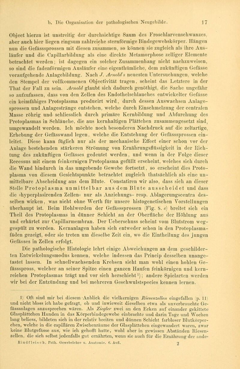 Object hierzu ist unstreitig der durchsichtige Saum des Froschlarvenschwanzes, aber auch liier liegen ringsum zahlreiche sternförmige BindegeAvebskörper. Hängen nun die Gefässsprossen mit diesen zusammen, so können sie zugleich als ihre Aus- läufer und die Capillarbildung als eine direkte Metamorphose zelliger Elemente betrachtet werden; ist dagegen ein solcher Zusammenhang nicht nachzuweisen, so sind die fadenförmigen Ausläufer eine eigentümliche, dem zukünftigen Gefässe voraufgehende Anlagebildung. Nach /. Arnolds neuesten Untersuchungen, welche den Stempel der vollkommenen Objectivität tragen, scheint das Letztere in der That der Fall zu sein. Arnold glaubt sich dadurch genöthigt, die Sache ungefähr so aufzufassen, dass von den Zellen des Endothelschlauches entwickelter Gefässe ein keimfähiges Protoplasma producirt wird, durch dessen Auswachsen Anlage- sprossen und Anlagestränge entstehen, welche durch Einschmelzung der centralen Masse röhrig und schliesslich durch primäre Kernbildung und Abfurchung des Protoplasmas in Schläuche, die aus kernhaltigen Plättchen zusammengesetzt sind, umgewandelt werden. Ich möchte noch besonderen Nachdruck auf die zeltartige, Erhebung der Gefässwand legen, welche die Entstehung der Gefässsprossen ein- leitet. Diese kann füglich nur als der mechanische Effect einer schon vor der Anlage bestehenden stärkeren Strömung von Ernährungsflüssigkeit in der Rich- tung des zukünftigen Gefässes gedeutet werden, und wenn in der Folge dieser Recessus mit einem feinkernigen Protoplasma gefüllt erscheint, welches sich durch die Wand hindurch in das umgebende Gewebe fortsetzt, so erscheint dies Proto- plasma von diesem Gesichtspunkte betrachtet zugleich thatsächlich als eine un- mittelbare Abscheidung aus dem Blute. Constatiren wir also, dass sich an dieser Stelle Protoplasma unmittelbar aus dem Blute ausscheidet und dass die »hyperplasirenden Zellen« nur als Anziehungs- resp. Ablagerungscentra des- selben wirken, was nicht ohne Werth für unsere histogenetischen Vorstellungen überhaupt ist. Beim Hohlwerden der Gefässsprossen (Fig. 8. c) breitet sich ein Theil des Protoplasmas in dünner Schicht an der Oberfläche der Höhlung aus und erhärtet zur Capillarmembran. Der Ueberschuss scheint vom Blutstrom weg- gespült zu werden. Kernanlagen haben sich entweder schon in den Protoplasma- fäden gezeigt, oder sie treten um dieselbe Zeit ein, wo die Eintheilung des jungen Gefässes in Zellen erfolgt. Die pathologische Histologie lehrt einige Abweichungen an dem geschilder- ten Entwickelungsmodus kennen, welche indessen das Princip desselben unange- tastet lassen. In schnellwachsenden Krebsen sieht man wohl einen hohlen Ge- fässspross, welcher an seiner Spitze einen ganzen Haufen feinkörnigen und kern- reichen Protoplasmas trägt und vor sich herschiebtx); andere Spielarten werden wir bei der Entzündung und bei mehreren Geschwulstspecies kennen lernen. 1) Oft sind mir bei diesem Anblick die vielkernigen Riesenzellen eingefallen (p. 11) und nicht bloss ich habe gefragt, ob und inwieweit dieselben etwa als unverbrauchte Ge- fässanlagen anzusprechen wären. Als Ziegler zwei an den Ecken auf einander gekittete Glasplättchen Hunden in das Körperbindegewebe einbrachte und darin Tage und Wochen lang beliess, bildeten sich in der relativ breiten und dünnen Schicht farbloser Blutkörper- chen, welche in die capillären Zwischenräume der Glasplättchen eingewandert Waren, zwar keine Blutgefässe aus, wie ich gehofft hatte, wohl aber in gewissen Abständen Riesen- zellen, die sich selbst jedenfalls gut ernährten, wenn sie auch für die Ernährung der ande- ßindf leis c h, Path. Gewebelehre u. Anatomie. 6. Aufl. o