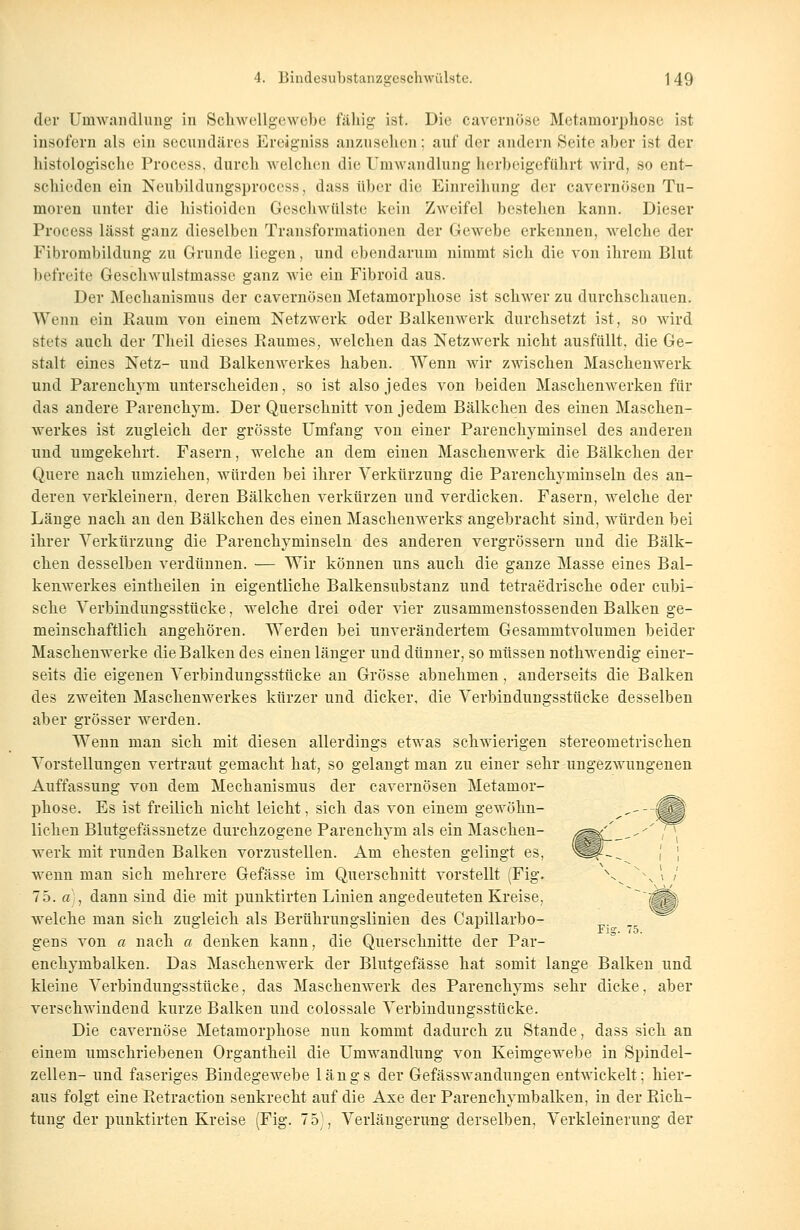 der Um Wandlung in Schwellgewebe fähig ist. Die cavernöse Metamorphose ist insofern als ein secundäres Ereigniss anzusehen : auf der andern Seite aber ist der histologische Process, durch welchen die Umwandlung herbeigeführt wird, so ent- schieden ein Neubildungsprocess, dass über die Einreihung der cavernösen Tu- moren unter die histioiden Gesehwülste kein Zweifel bestehen kann. Dieser Process lässt ganz dieselben Transformationen der Gewebe erkennen, welche der Fibrombildung zu Grunde liegen, und ebendarum nimmt sich die von ihrem Blut befreite Geschwulstmasse ganz wie ein Fibroid aus. Der Mechanismus der cavernösen Metamorphose ist schwer zu durchschauen. Wenn ein Kaum von einem Netzwerk oder Balkenwerk durchsetzt ist, so wird stets auch der Theil dieses Raumes, welchen das Netzwerk nicht ausfüllt, die Ge- stalt eines Netz- und Balkenwerkes haben. Wenn wir zwischen Maschenwerk und Parenchym unterscheiden, so ist also jedes von beiden Maschenwerken für das andere Parenchym. Der Querschnitt von jedem Bälkchen des einen Maschen- werkes ist zugleich der grösste Umfang von einer Parenchyminsel des anderen und umgekehrt. Fasern, welche an dem einen Maschenwerk die Bälkchen der Quere nach umziehen, würden bei ihrer Verkürzung die Parenchyminseln des an- deren verkleinern, deren Bälkchen verkürzen und verdicken. Fasern, welche der Länge nach an den Bälkchen des einen Maschenwerks angebracht sind, würden bei ihrer Verkürzung die Parenchyminseln des anderen vergrössern und die Bälk- chen desselben verdünnen. — Wir können uns auch die ganze Masse eines Bal- kenwerkes eintheilen in eigentliche Balkensubstanz und tetraedrische oder cubi- sche Verbindungsstücke, welche drei oder vier zusammenstossenden Balken ge- meinschaftlich angehören. Werden bei unverändertem Gesammtvolumen beider Maschenwerke die Balken des einen länger und dünner, so müssen nothwendig einer- seits die eigenen Verbindungsstücke an Grösse abnehmen, anderseits die Balken des zweiten Maschenwerkes kürzer und dicker, die Verbindungsstücke desselben aber grösser werden. Wenn man sich mit diesen allerdings etwas schwierigen stereometrischen Vorstellungen vertraut gemacht hat, so gelangt man zu einer sehr ungezwungenen Auffassung von dem Mechanismus der cavernösen Metamor- phose. Es ist freilich nicht leicht, sich das von einem gewöhn- ^-'ilÄ liehen Blutgefässnetze durchzogene Parenchym als ein Maschen- /ÄüL—--' / werk mit runden Balken vorzustellen. Am ehesten gelingt es, (i§|IC_ ,' \ wenn man sich mehrere Gefässe im Querschnitt vorstellt (Fig. Nv x\ \ 1 75. a), dann sind die mit punktirten Linien angedeuteten Kreise, ~~Ätl welche man sich zugleich als Berührungslinien des Capillarbo- ° ö ^ Fig. 75. gens von a nach a denken kann, die Querschnitte der Par- enchymbalken. Das Maschenwerk der Blutgefässe hat somit lange Balken und kleine Verbindungsstücke, das Maschenwerk des Parenchyms sehr dicke, aber verschwindend kurze Balken und colossale Verbindungsstücke. Die cavernöse Metamorphose nun kommt dadurch zu Stande, dass sich an einem umschriebenen Organtheil die Umwandlung von Keimgewebe in Spindel- zellen- und faseriges Bindegewebe längs der Gefässwandungen entwickelt; hier- aus folgt eine Retraction senkrecht auf die Axe der Parenchymbalken, in der Rich- tung der punktirten Kreise (Fig. 75), Verlängerung derselben, Verkleinerung der