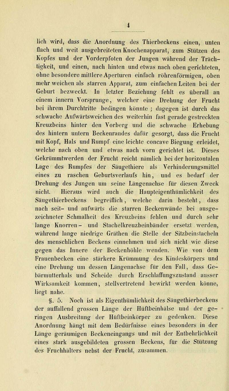 lieh wird, dass die Anordnung des Thierbeckens einen, unten flach und weit ausgebreiteten Knochenapparat, zum Stützen des Kopfes und der Vorderpfoten der Jungen während der Träch- tigkeit, und einen, nach hinten und etwas nach oben gerichteten, ohne besondere mittlere Aperturen einfach röhrenförmigen, oben mehr weichen als starren Apparat, zum einfachen Leiten bei der Geburt bezweckt. In letzter Beziehung fehlt es überall an einem innern Vorsprunge, welcher eine Drehung der Frucht bei ihrem Durchtritte bedingen könnte ; dagegen ist durch das schwache Aufwärtsweichen des weiterhin fast gerade gestreckten Kreuzbeins hinter den Vorberg und die schwache Erhebung des hintern untern Beckenrandes dafür gesorgt, dass die Frucht mit Kopf, Hals und Rumpf eine leichte concave Biegung erleidet, welche nach oben und etwas nach vorn gerichtet ist. Dieses Gekrümmtwerden der Frucht reicht nämlich bei der horizontalen Lage des Rumpfes der Säugethiere als Verhinderungsmittel eines zu raschen Geburtsverlaufs hin, und es bedarf der Drehung des Jungen um seine Längenachse für diesen Zweck nicht. Hieraus wird auch die Haupteigenthümlichkeit des Säugethierbeckens begreiflich, welche darin besteht, dass nach seit- und aufwärts die starren Beckenwände bei ausge- zeichneter Schmalheit des Kreuzbeins fehlen und durch sehr lange Knorren - und Stachelkreuzbeinbänder ersetzt. werden, während lange niedrige Gräthen die Stelle der Sitzbeinstacheln des menschlichen Beckens einnehmen und sich nicht wie diese gegen das Innere der Beckenhöhle wenden. Wie von dem Frauenbecken eine stärkere Krümmung des Kindeskörpers und eine Drehung um dessen Längenachse für den Fall, dass Ge- bärmutterhals und Scheide durch Erschlaffiingszustand ausser Wirksamkeit kommen, stellvertretend bewirkt werden könne, liegt nahe. §. 5. Noch ist als Eigenthümlichkeit des Säugethierbeckens der auffallend grossen Länge der Hüftbeinhälse und der ge- ' ringen Ausbreitung der Hüflbeinkörper zu gedenken. Diese Anordnung hängt mit dem Bedürfnisse eines besonders in der Länge geräumigen Beckeneingangs und mit der Entbehrlichkeit eines stark ausgebildeten grossen Beckens, für die Stützung des Fruchhälters nebst der Frucht, zusammen.