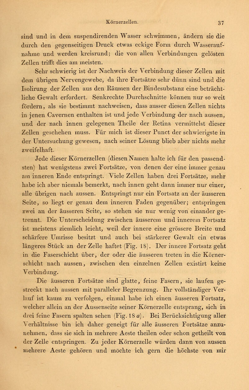 sind und in dem suspendirenden Wasser schwimmen, ändern sie die durch den gegenseitigen Druck etwas eckige Form durch Wasserauf- nahme und werden kreisrund; die von allen Verbindungen gelösten Zellen trifft dies am meisten. Sehr schwierig ist der Nachweis der Verbindung dieser Zellen mit dem übrigen Nervengewebe, da ihre Fortsätze sehr dünn sind und die Isolirung der Zellen aus den Räumen der Bindesübstanz eine beträcht- liche Gewalt erfordert. Senkrechte Durchschnitte können nur so weit fördern, als sie bestimmt nachweisen, dass ausser diesen Zellen nichts in jenen Cavernen enthalten ist und jede Verbindung der nach aussen, und der nach innen gelegenen Theile der Retina vermittelst dieser Zellen geschehen muss. Für mich ist dieser Punct der schwierigste in der Untersuchung gewesen, nach seiner Lösung blieb aber nichts mehr zweifelhaft. Jede dieser Körnerzellen (diesen Namen halte ich für den passend- sten) hat wenigstens zwei Fortsätze, von denen der eine immer genau am inneren Ende entspringt. Viele Zellen haben drei Fortsätze, mehr habe ich aber niemals bemerkt, nach innen geht dann immer nur einer, alle übrigen nach aussen. Entspringt nur ein Fortsatz an der äusseren Seite, so liegt er genau dem inneren Faden gegenüber; entspringen zwei an der äusseren Seite, so stehen sie nur wenig von einander ge- trennt. Die Unterscheidung zwischen äusserem und innerem Fortsatz ist meistens ziemlich leicht, weil der innere eine grössere Breite und schärfere Umrisse besitzt und auch bei stärkerer Gewalt ein etwas längeres Stück an der Zelle haftet (Fig. 18). Der innere Fortsatz geht in die Faserschicht über, der oder die äusseren treten in die Körner- schicht nach aussen, zwischen den einzelnen Zellen existirt keine Verbindung. Die äusseren Fortsätze sind glatte, feine Fasern, sie laufen ge- streckt nach aussen mit paralleler Begrenzung. Ihr vollständiger Ver- lauf ist kaum zu verfolgen, einmal habe ich einen äusseren Fortsatz, Avelcher allein an der Aussenseite seiner Körnerzelle entsprang, sich in drei feine Fasern spalten sehen (Fig. 18a). Bei Berücksichtigung aller Verhältnisse bin ich daher geneigt für alle äusseren Fortsätze anzu- nehmen, dass sie sich in mehrere Aeste theilen oder schon getheilt von der Zelle entspringen. Zu jeder Körnerzelle würden dann von aussen mehrere Aeste gehören und möchte ich gern die höchste von mir