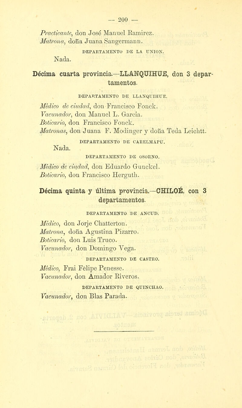 Practicante, don José Manuel Eamirez. Matrona, doña Juana Sangermann. DEPARTAMENTO DE LA UNION. Nada. Décima cuarta provincia.—LLANQUIHUE, don 3 depar- tamentos. DEPARTAMENTO DE LLA.NQUIHUE. Médico de ciudad, don Francisco Fonck. Vacunador, don Manuel L. Garcia. Boticario, don Francisco Fonck. .Matronas, don Juana F. Modinger y doña Teda Leichtt. DEPARTAMENTO DE CARELMAPU. Nada. DEPARTAMENTO DE OSORNO. : Médico de ciudad, don Eduardo Gimckel. Boticario, don Francisco Herguth. Décima quinta y última provincia.—CHILOÉ, con 3 departamentos. DEPARTAMENTO DE ANCUD. Médico, don Jorje Chatterton. Matrona, doña Agustina Pizarro. Boticario, don Luis Truco. Vacunador, don Domingo Vega. DEPARTAMENTO DE CASTRO. Médico, Frai Felipe Penesse. Vacunador, don Amador Ei veros. DEPARTAMENTO DE QTTINCHAO. Vacunador, don Blas Parada.