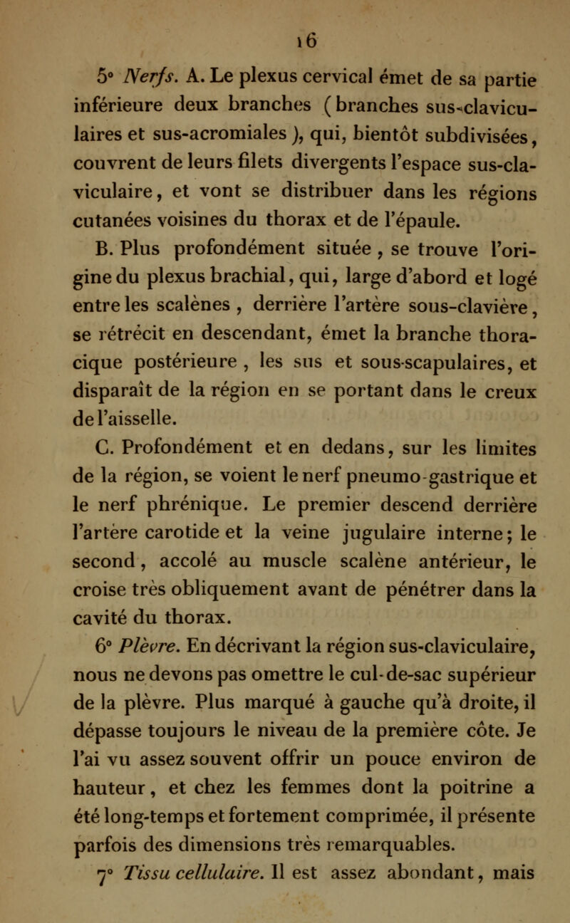 \6 5° Nerfs. A. Le plexus cervical émet de sa partie inférieure deux branches ( branches sus-clavicu- laires et sus-acromiales ), qui, bientôt subdivisées, couvrent de leurs filets divergents l'espace sus-cla- viculaire, et vont se distribuer dans les régions cutanées voisines du thorax et de l'épaule. B. Plus profondément située , se trouve l'ori- gine du plexus brachial, qui, large d'abord et logé entre les scalènes , derrière l'artère sous-clavière, se rétrécit en descendant, émet la branche thora- cique postérieure , les sus et sous-scapulaires, et disparaît de la région en se portant dans le creux de l'aisselle. C. Profondément et en dedans, sur les limites de la région, se voient le nerf pneumogastrique et le nerf phrénique. Le premier descend derrière l'artère carotide et la veine jugulaire interne; le second, accolé au muscle scalène antérieur, le croise très obliquement avant de pénétrer dans la cavité du thorax. 6° Plèvre. En décrivant la région sus-claviculaire, nous ne devons pas omettre le cul-de-sac supérieur de la plèvre. Plus marqué à gauche qu'à droite, il dépasse toujours le niveau de la première côte. Je l'ai vu assez souvent offrir un pouce environ de hauteur, et chez les femmes dont la poitrine a été long-temps et fortement comprimée, il présente parfois des dimensions très remarquables.
