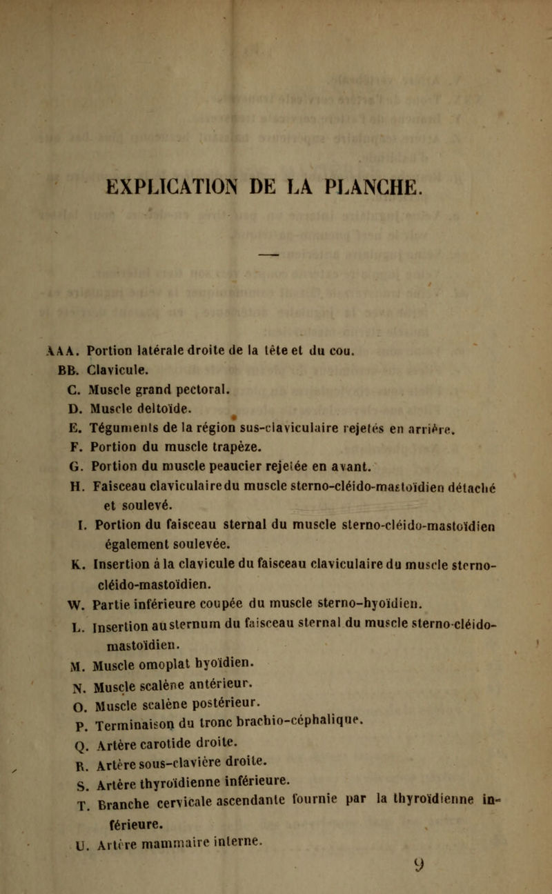 EXPLICATION DE LA PLANCHE. AAA. Portion latérale droite de la tète et du cou. BB. Clavicule. C. Muscle grand pectoral. D. Muscle deltoïde. E. Téguments de la région sus-claviculaire rejetés en arrière. F. Portion du muscle trapèze. G. Portion du muscle peaucier rejeîée en avant. H. Faisceau claviculairedu muscle sterno-cléido-mastoïdien détaché et soulevé. I. Portion du faisceau sternal du muscle sterno-cléido-mastoïdien également soulevée. K. Insertion à la clavicule du faisceau claviculaire du muscle sterno- cléido-mastoïdien. W. Partie inférieure coupée du muscle sterno-hyoïdien. L. Insertion au sternum du faisceau sternal du muscle sterno-cléido- mastoïdien. M. Muscle omoplat hyoïdien. N. Muscle scalène antérieur. O. Muscle scalène postérieur. P. Terminaison du tronc brachio-céphalique. Q. Artère carotide droite. B. Artère sous-clavicre droite. S. Artère thyroïdienne inférieure. T. Branche cervicale ascendante fournie par la thyroïdienne in- férieure. U. Artère mammaire interne. y