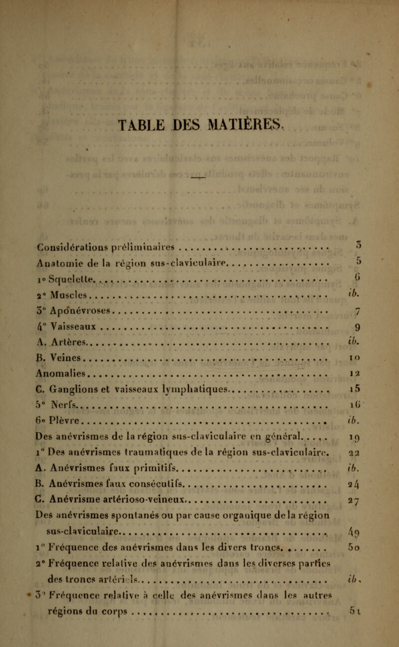 TABLE DES MATIÈRES. Considérations préliminaires * Anatomie de la légion sus-claviculaire «> 1° Squelelte. b 2° Muscles . ib. 5° Aponévroses 7 /j° Vaisseaux 9 A. Artères il>. B. Veines i o Anomalies 12 C. Ganglions et vaisseaux lymphatiques i5 5° Nerfs i(i 6° Plèvre ib. Des anévrismes de la région siis-claviculaire en général. . . , . io i° Des anévrismes traumatiques de la région sus-claviculaire. 22 A. Anévrismes faux primitifs ^ ib. B. Anévrismes faux consécutifs , . . . 24 C. Anévrisme artérioso-veineux 27 Des anévrismes spontanés ou pat cause organique delà région sus-claviculaire f\& 1° Fréquence des anévrismes dans les divers troncs 5o 2° Fréquence relative des anévrismes dans les diverses parties des troncs artériels ib . 3 ' Fréquence relative à celle des anévrismes dans les autres régions du corps ,. 5 1
