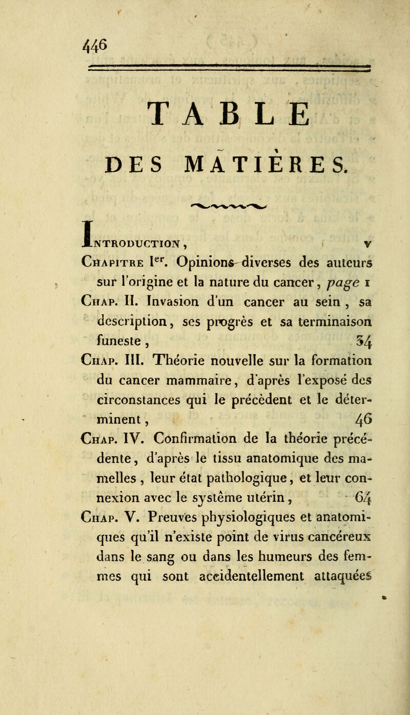 44« TABLE DES MATIÈRES. I NTRODUCTION, V Cïïapitre Ier. Opinions-Diverses des auteurs sur l'origine et la nature du cancer, page i Chap. IL Invasion d'un cancer au sein , sa description, ses progrès et sa terminaison funeste, 54 Chap. III. Théorie nouvelle sur la formation du cancer mammaire, d'après l'exposé des circonstances qui le précèdent et le déter- minent , 46 Chap. IV. Confirmation de la théorie précé- dente , d'après le tissu anatomique des ma- melles , leur état pathologique, et leur con- nexion avec le système utérin, 64 Chap. V. Preuves physiologiques et anatomi- ques qu'il n'existe point de virus cancéreux dans le sang ou dans les humeurs des fem- mes qui sont accidentellement attaquées